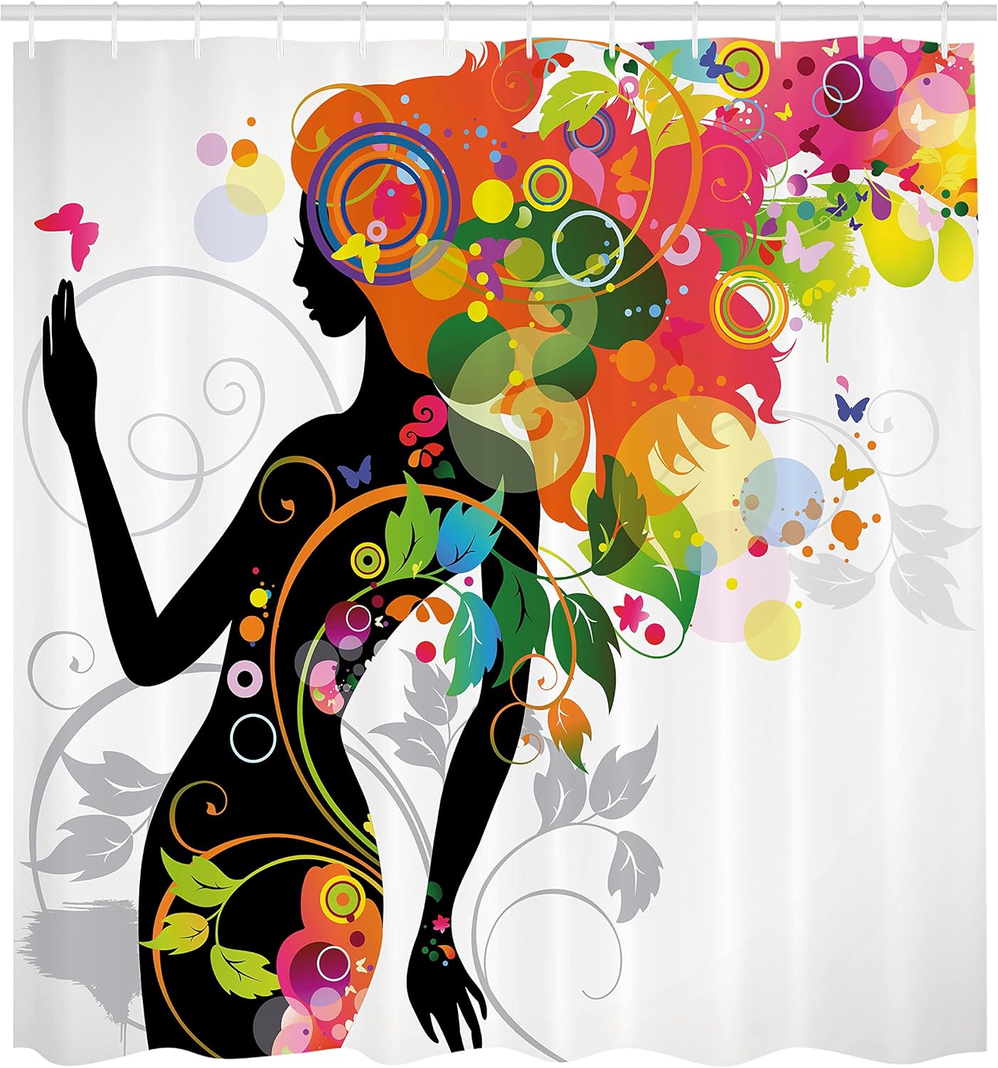 Ambesonne Colorful Shower Curtain, Madame Butterfly Modern Version Spring Spiral Circles Leaf Botany Girl Print, Cloth Fabric Bathroom Decor Set with Hooks, 69" W x 75" L, White Black Multicolor