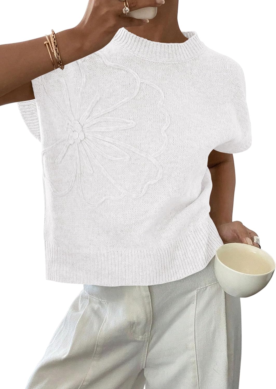 PRETTYGARDEN Women's 2026 Spring Sweater Vest Trendy Flower Knit Short Sleeve Cute Pullover Tank Tops Summer Fashion Clothing