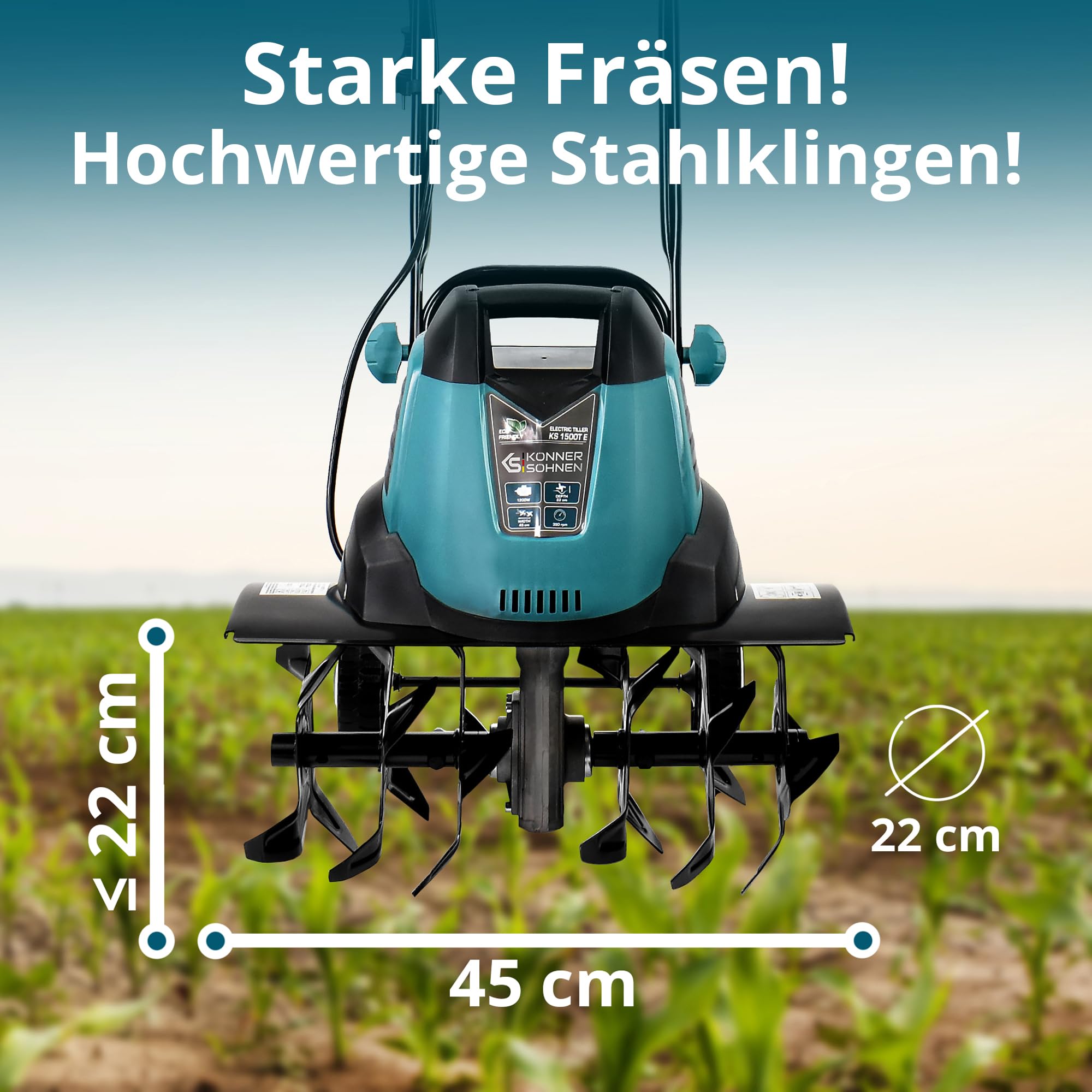 Könner & Söhnen KS 1500 T E Elektro-Bodenhacke, 23 cm Stahl Fräsen, 40 cm Arbeitsbreite, 23 cm Arbeitstiefe, 1500 W, 230 V, Gartenfräse für Hofgrundstücken, Blumen- und Gartenbeeten