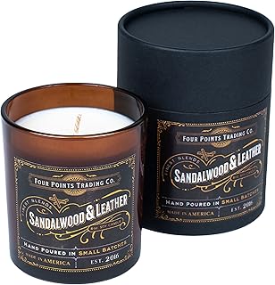 Four Points Trading Sandalwood & Leather Scented Candles - Vintage Americana Hand-Crafted Candles for Home Scented with Pure Fragrance for Aromatherapy, Relaxation, Room Decor Aesthetic - 8 oz