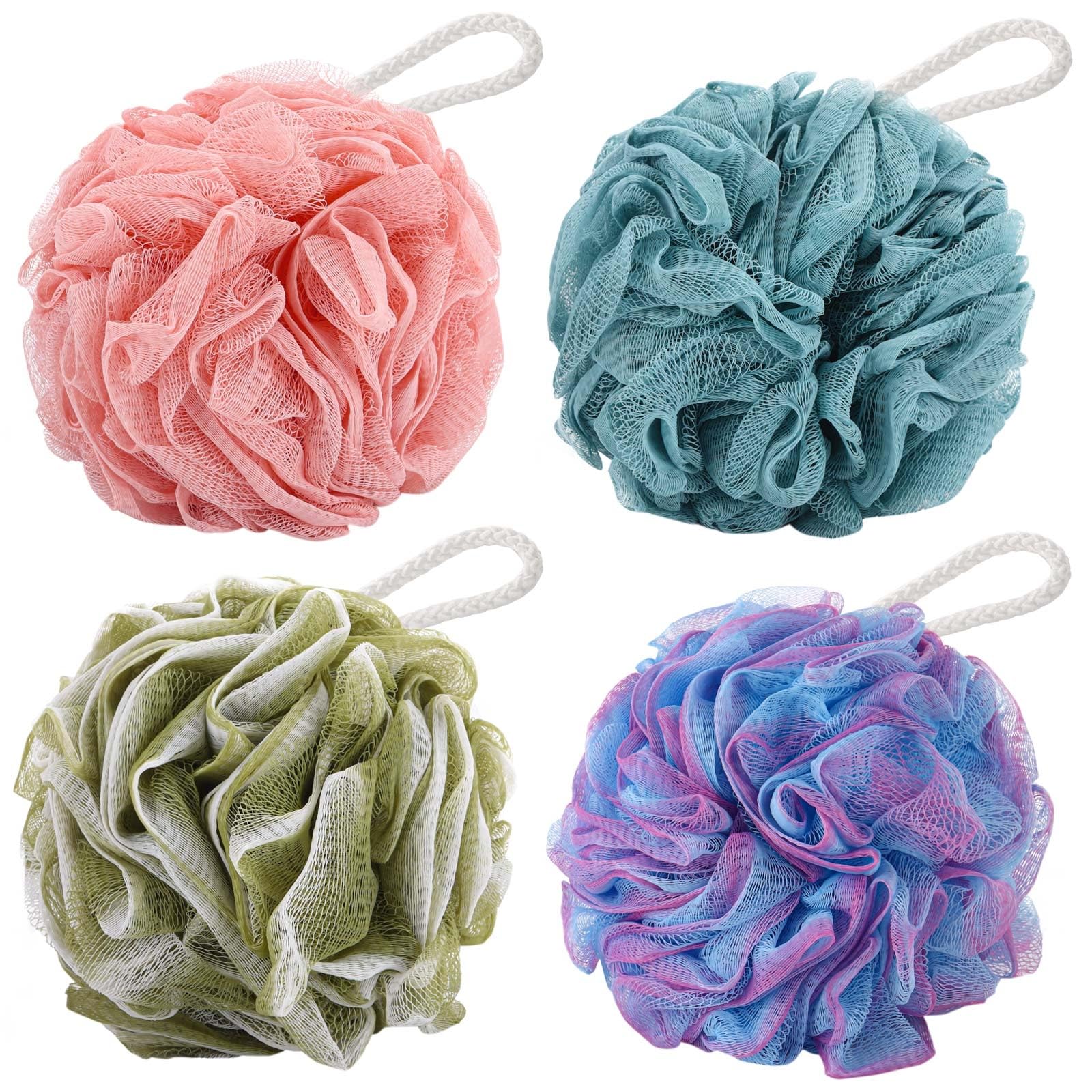 BTYMS 4Pcs Loofah Sponge 60g/pc Bath Puffs Shower Scrunchies Mesh Pouf for Shower