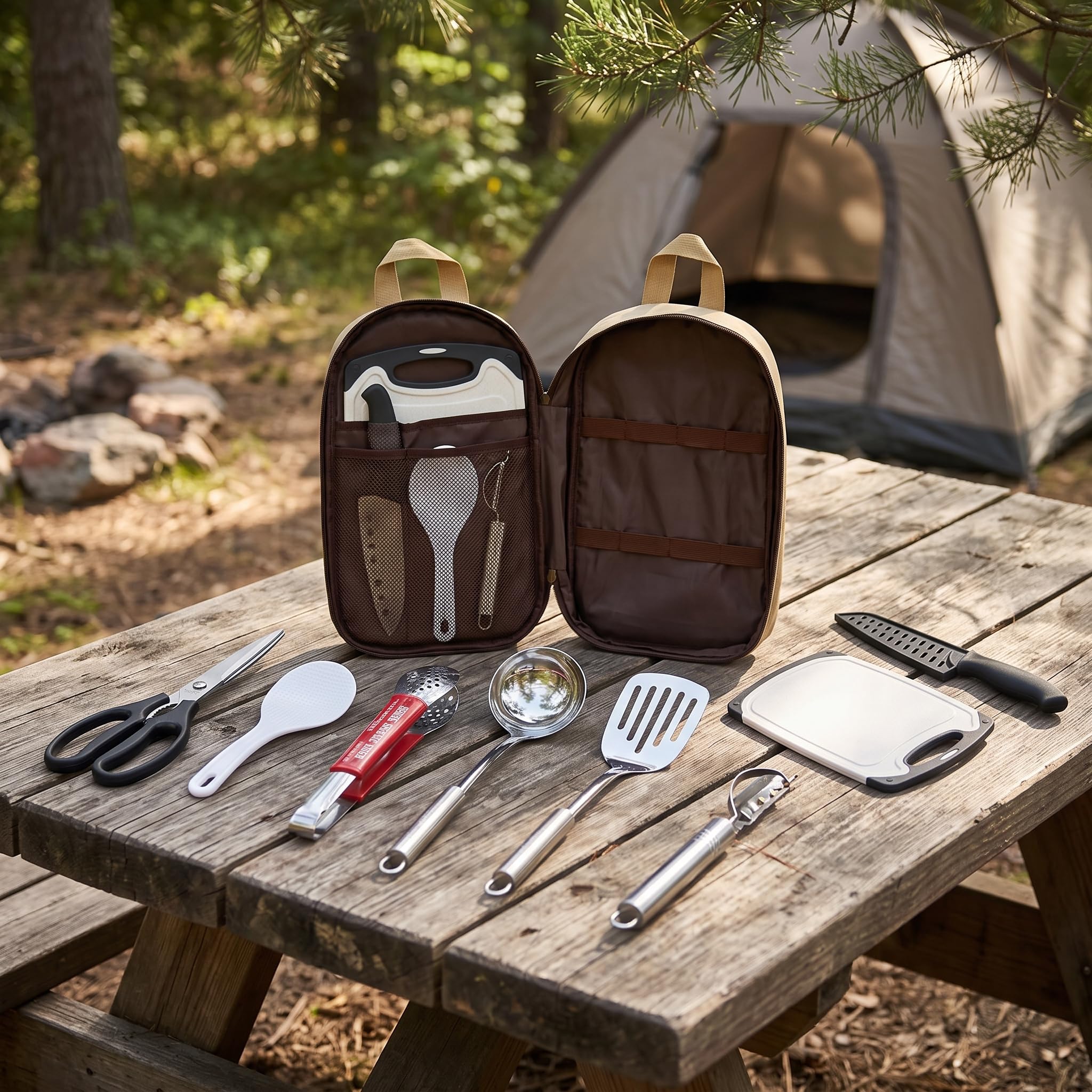Juego Unsilios Cocina Camping Acero Inoxidable para Acampada y Actividas al Libre, Caqui