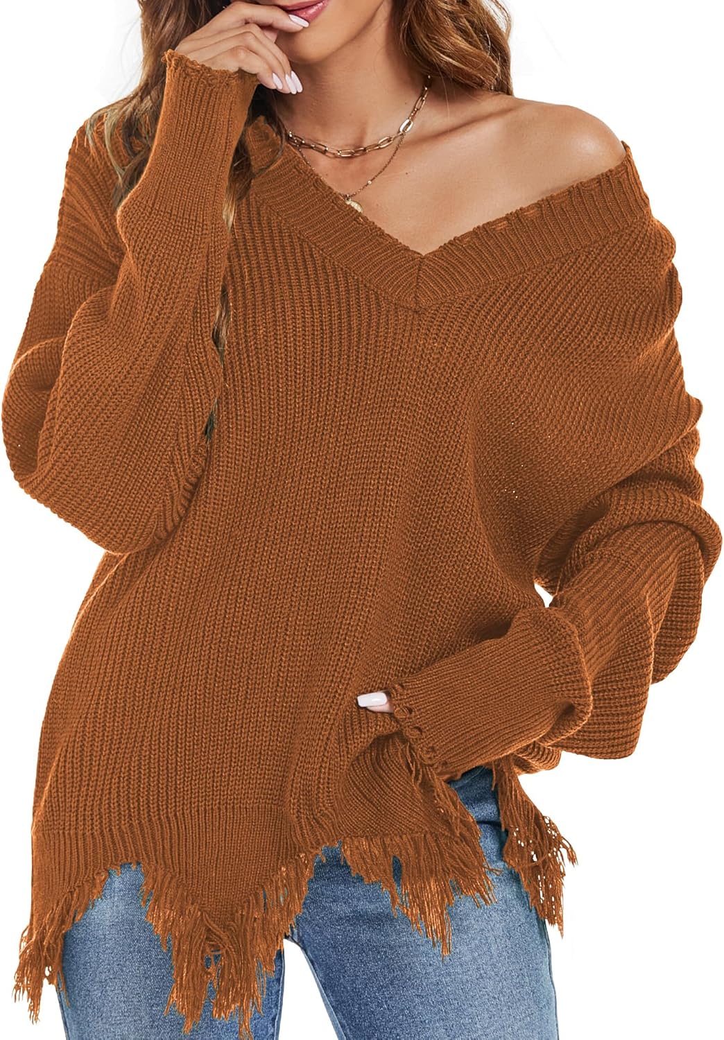 RANPHEE Womens Slouchy Long Sleeve Sweaters Fall Off The Shoulder Cute Baggy Pullover Sweater