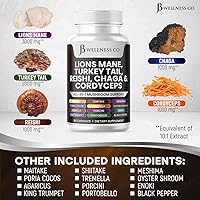 Vista 6 de Suplemento de melena de león, apoyo cognitivo, salud inmunológica con cola de pavo 20 en 1, hongo Reishi Cordyceps Chaga con raíz de malvavisco, 180