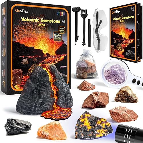 GobiDex Kit de excavación de piedras preciosas, kits de ciencia de volcán para niños de 6 a 8 a 12 años, descubre piedras de llama brillante,