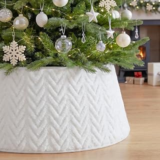 White Faux Fur Christmas Tree Collar, Adjustable Tree Base Cover for Trees