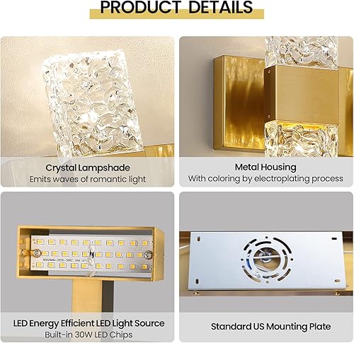Miniatura 3 de Lámparas Doradas para Tocador de Baño, Lámparas de Baño sobre Espejo, 3 Luces LED de 4000K, Apliques de Pared de Cristal Modernos de 30W con