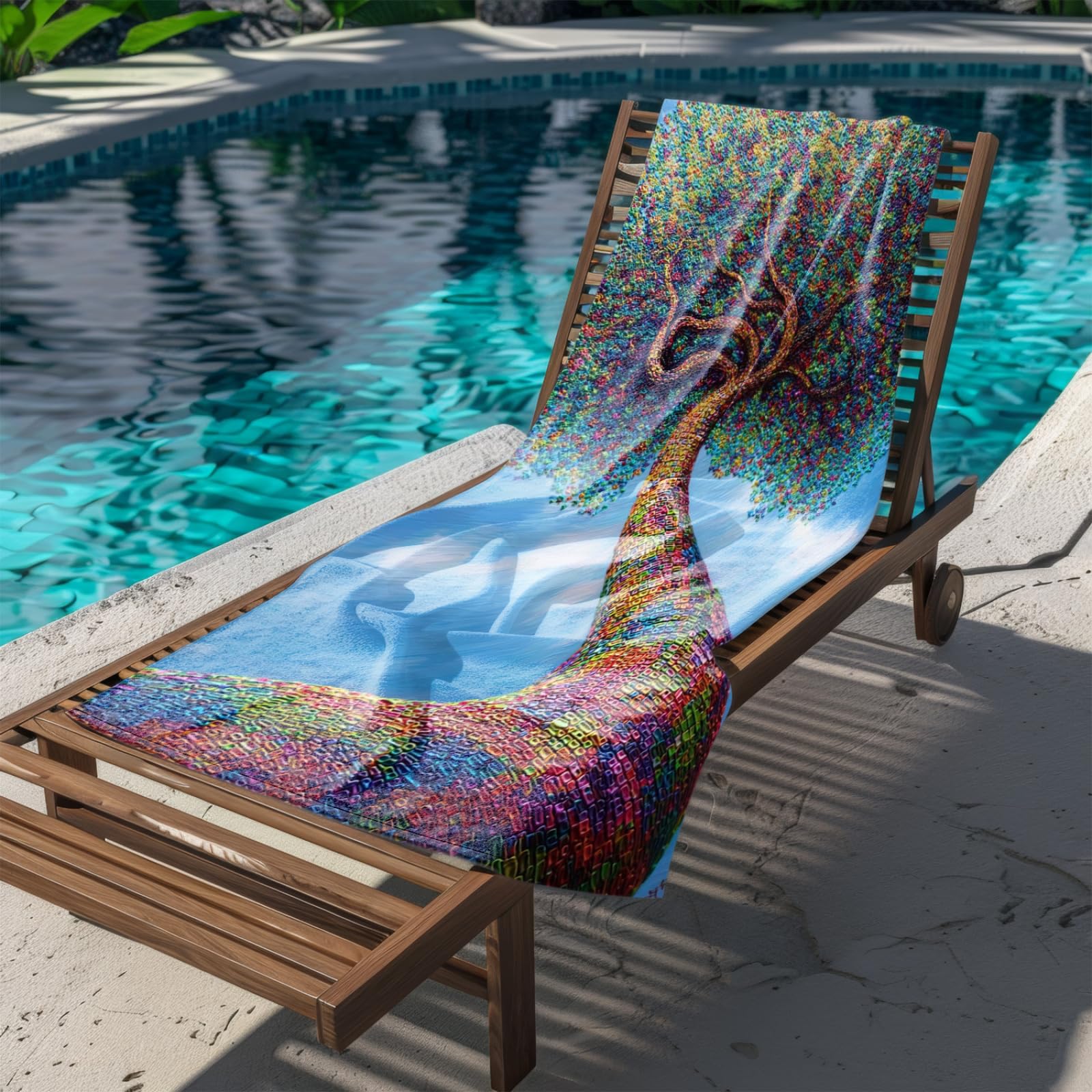 Serviette de Plage 90X180 Arbre Géométrique Bleu-Vert