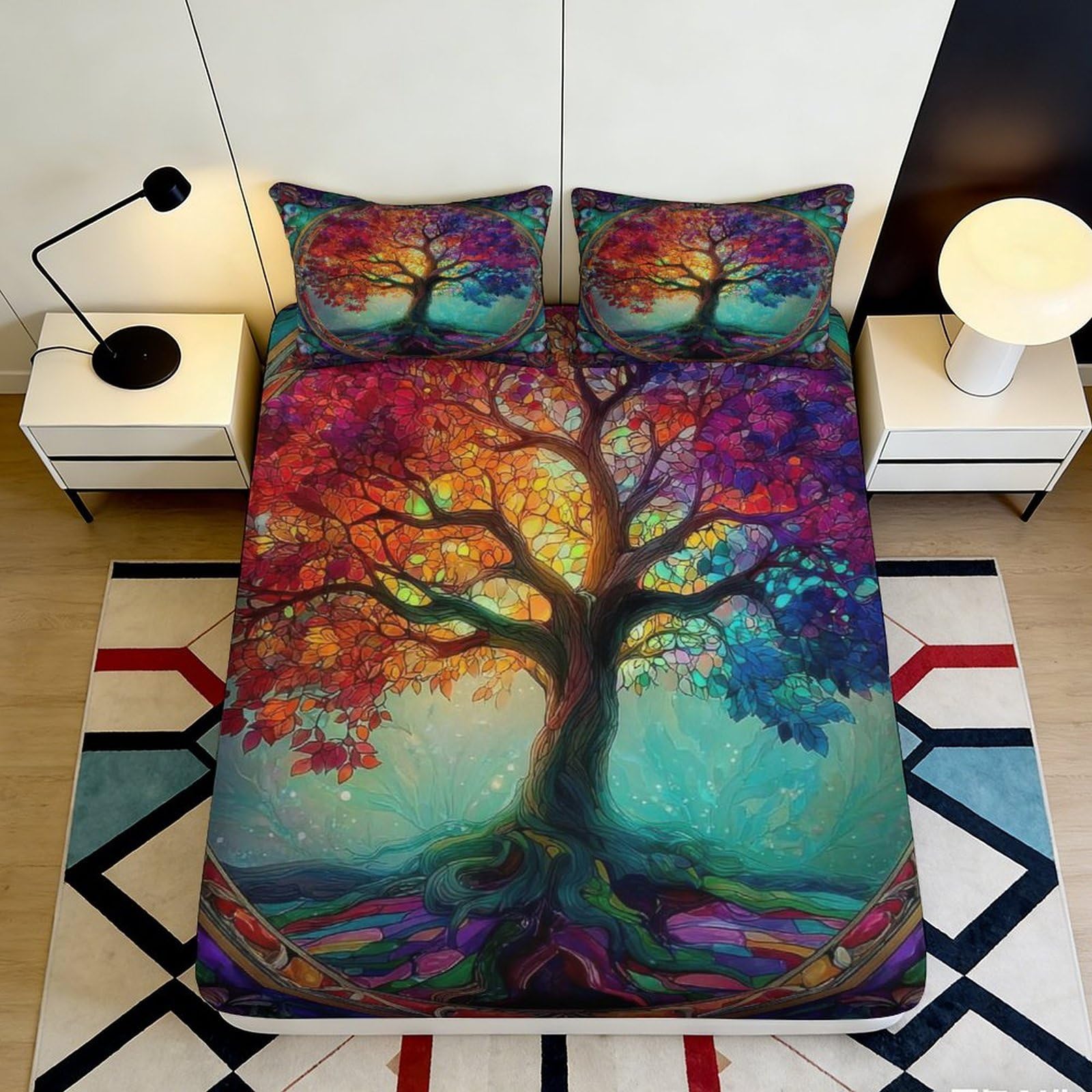 3D Printed Colorful Tree Fitted Sheet Microfiber Soft Durable Vibrant Bed Cover for Bedroom Dorm Dormitory Guest Room Mattress Protection 160x200x25cm