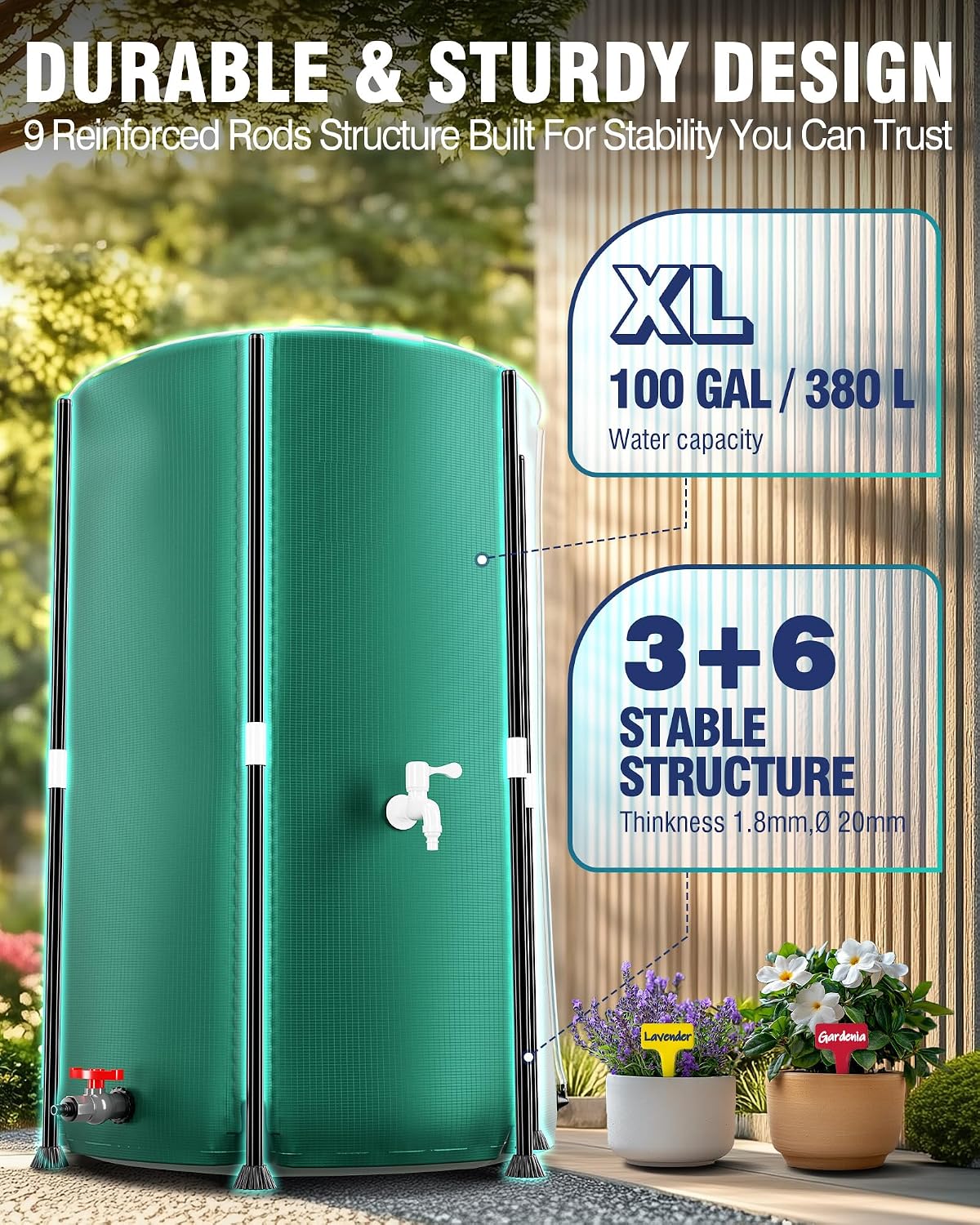 PYY Rain Water Collection Barrel - 100 Gallon Green Water Storage Tank with Diverter and Spigots, Hose, Portable Bucket, Large Plastic Collapsible Rain Catcher Catchment System to Collect Rainwater