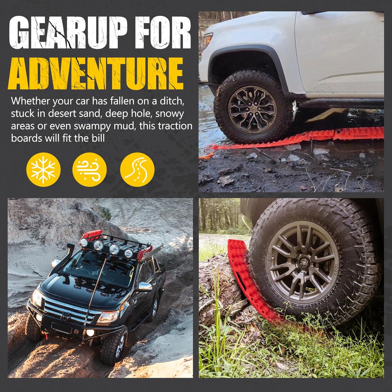 BUNKER INDUST Off-Road Traction Boards with Jack Lift Base,2 Pcs Multifunctional Recovery Track for 4WD UTV SUV Truck-Mud, Snow, Sand Tracks Red Tire Traction Mat with Carry Bag (Gen 9th)