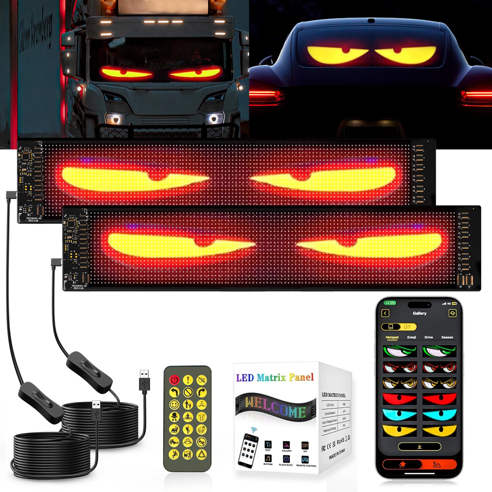 Ojos LED para Camiones, Luz de Ojos de Diablo para Coches, Pantalla Flexible Grande Programable para Coches, Camiones, Tiendas, Diseño LED Dinámico DIY (2uds 12x59.5cm)