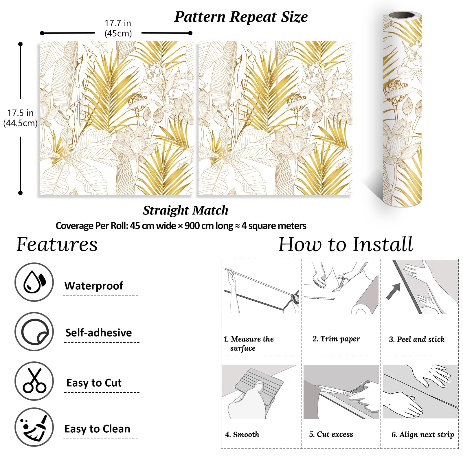VEELIKE Papel Pintado Flores Loto Oro Boho 44,5 cm × 900 cm Papel Pintado Hojas Palmera Dorado Tropicales Murales Decorativos Pared Dormitorio Salon Vinilo Adhesivo Pared Habitación Extraíble