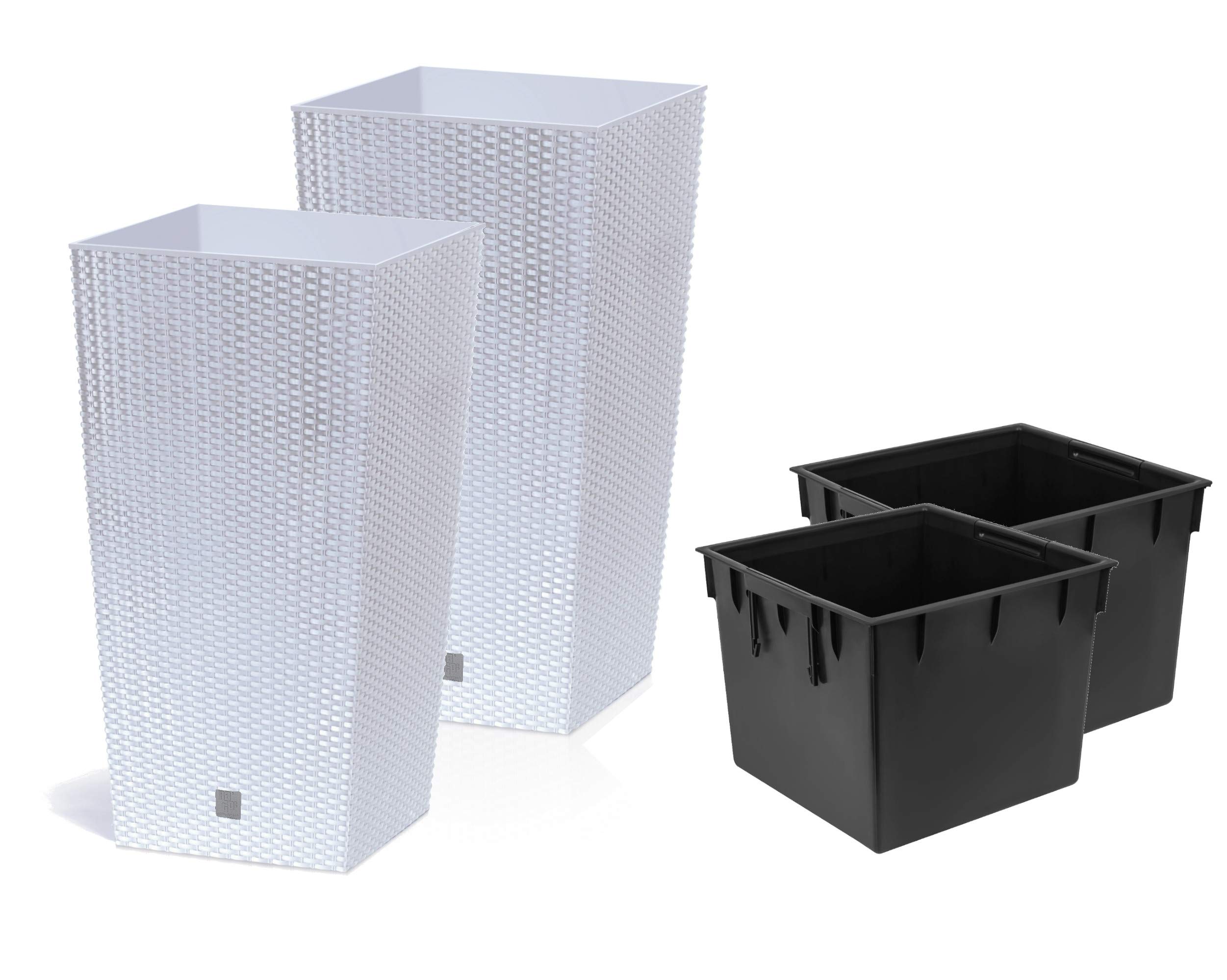 Stolmet Tall Square Planter Set of 2 Rattan Indoor/Outdoor Flower Pot + Insert in Set (16.3L, White)
