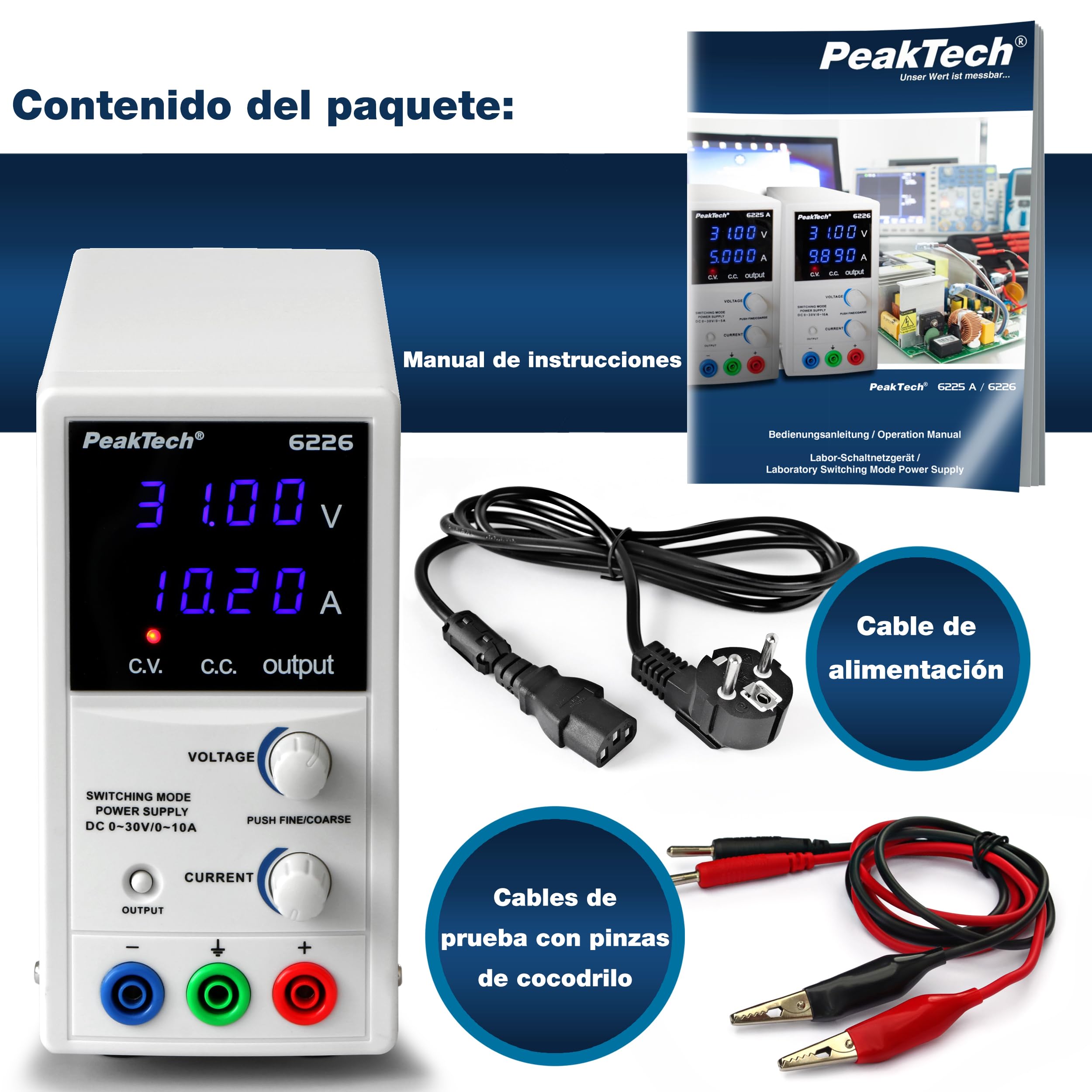 PeakTech 6226 - Fuente de Alimentación0-30V / 0-10A, Ajustable, DC con Pantalla Led Azul de 4 Dígitos, Conmutación Estabilizada, Amperímetro, Sobrecarga y a Prueba de Cortocircuitos, Diseño Delgado