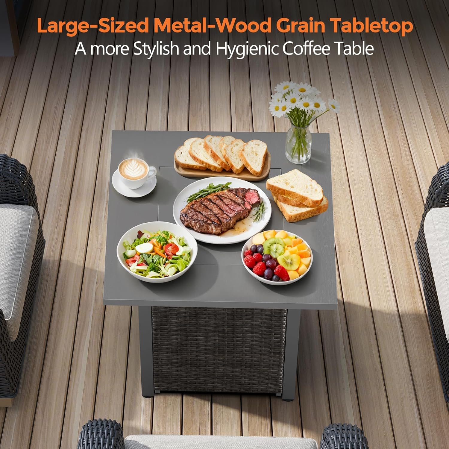 COWSAR 28" Rattan Square Propane Fire Pit Table, 50,000 BTU Outdoor Gas Fire Pit, Includes Lid and Lava Rocks for Patio Deck Garden Warmth and Ambiance, Black