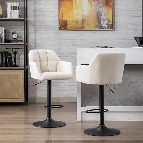 Miniatura 6 de BESTANO Juego de 2 taburetes de bar giratorios modernos con altura de mostrador trasero, sillas de bar ajustables con reposapiés de metal, sillas de