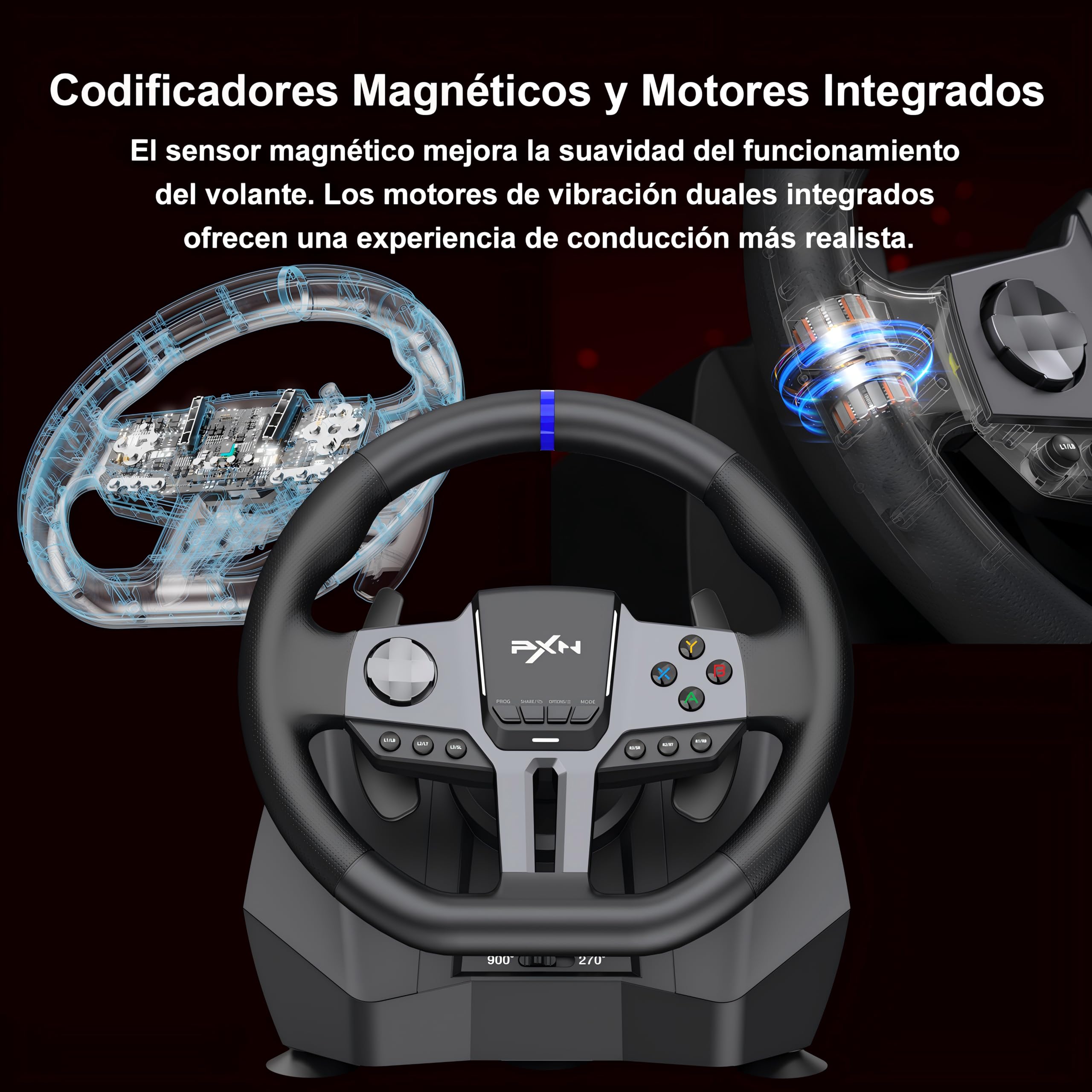 PXN V9 GEN2 Volante para PC, Volante para PS4 con Palancas de Cambio, Pedal con Efecto Hall, Palanca de Cambios 6+R, App, Volante de Carreras para Xbox Series X/S, Xbox One, PC, PS4, PS3