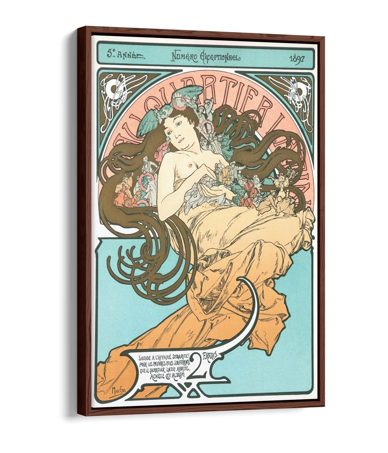 CANVAS MONKEYWomen Art Nouveau Alphonse Mucha Latin Quarter Canvas Floater Frame Print Picture Art - Walnut Frame 24 inch wide x 36 inch high
