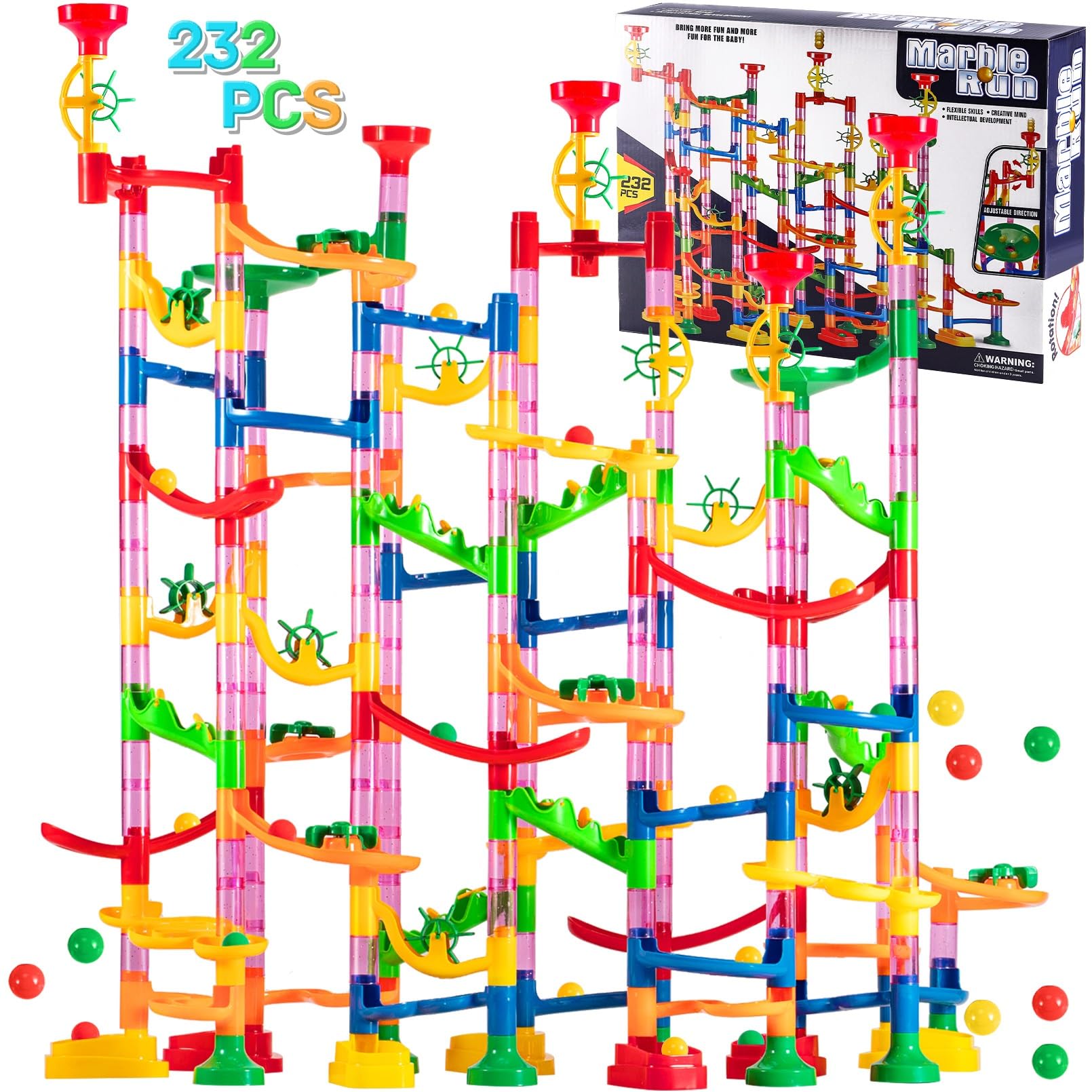 PLMMOUT 232 Pcs Marble Run Set,Marble Maze Game Construction Building Blocks Toys,Marble Track Race Set,Marble Run for Kids Boys Girls Birthday Gifts (187 Parts + 45 Glass Marbles)