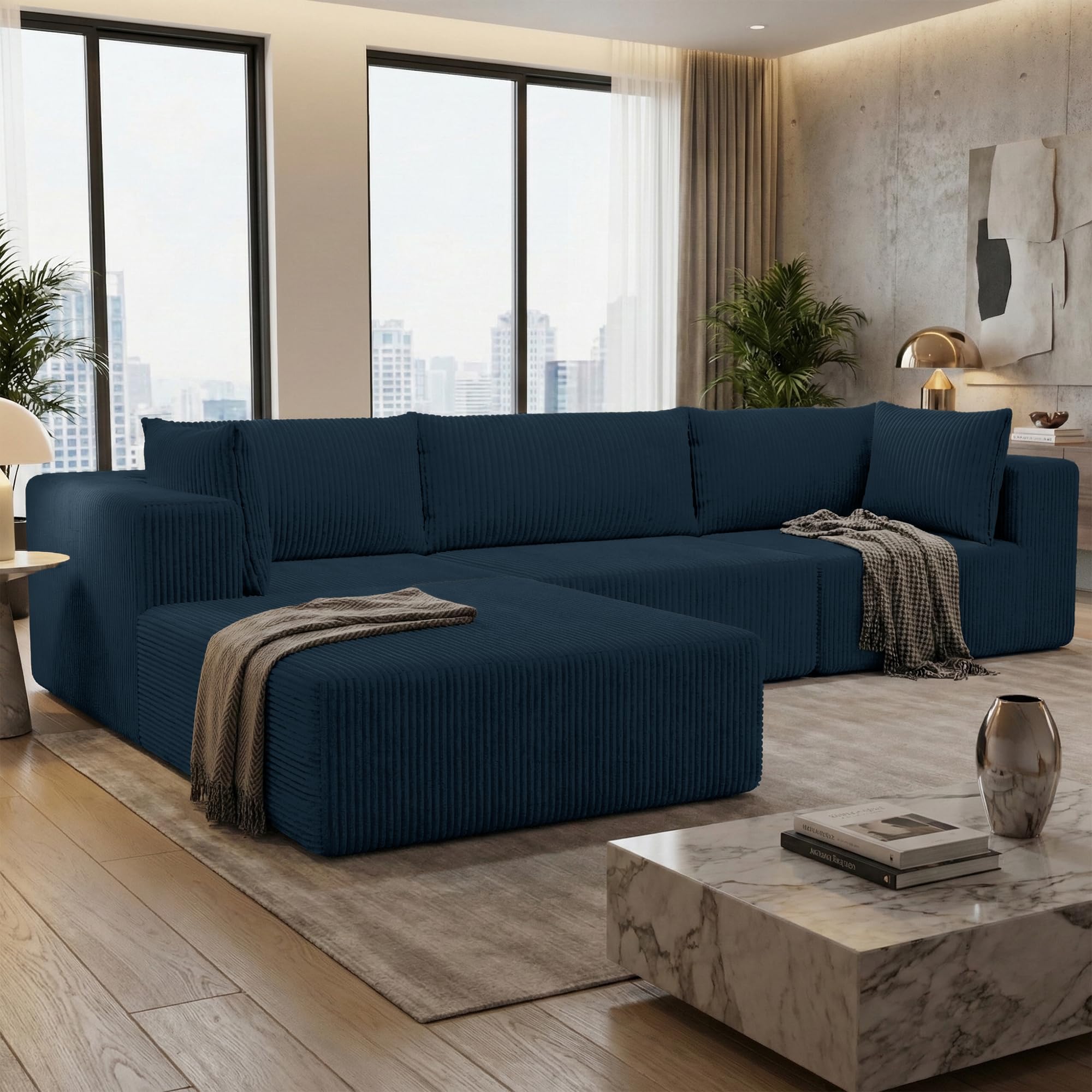 108" Boneless Couches for Living Room, Modular Cloud Couch Sofa - L Shap Corduroy Sectional Sofa, Fluffy Memory Foam Sleeper Sofa Furniture, No