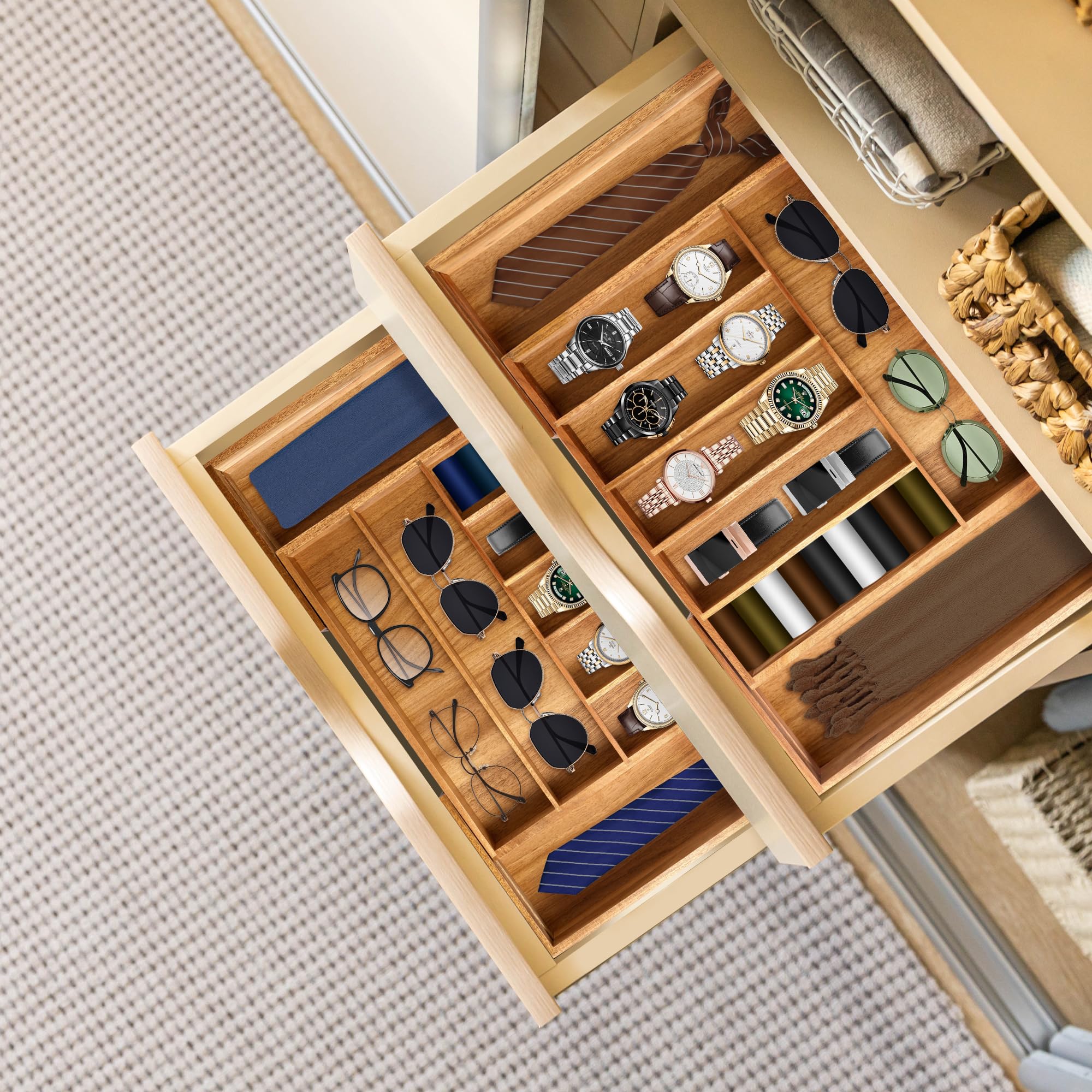 Großer Premium-Akazien-Besteck-Organizer – erweiterbarer Schubladen-Organizer und Utensilien-Organizer – 43,2 x 50 cm Besteckkasten mit Trennwänden für Küchenutensilien und Besteck (7–9 Fächer)