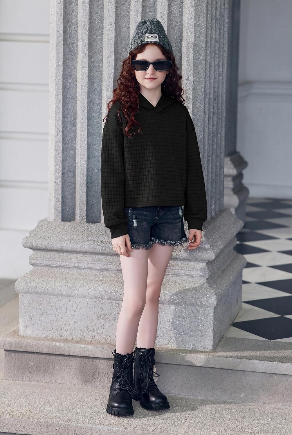 Arshiner Girls 2 Piece Outfit Waffle Knit Hooded Sweatshirt and Sweatpants