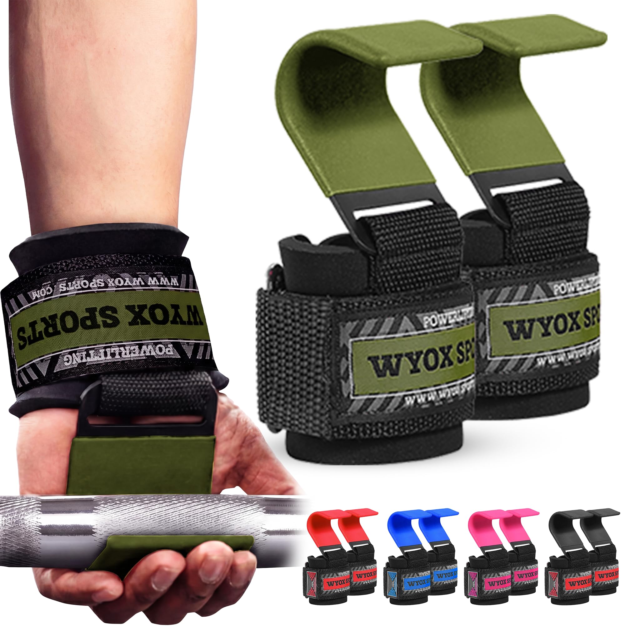 WYOX Weight Lifting Hooks for Men &amp; Women – Heavy Duty Gym Hooks with 8mm Padded Wrist Support Grips to Lift Heavier, Reduce Grip Fatigue &amp; Improve Performance for Deadlifts, Pull Ups &amp; Rows, Pair of 2