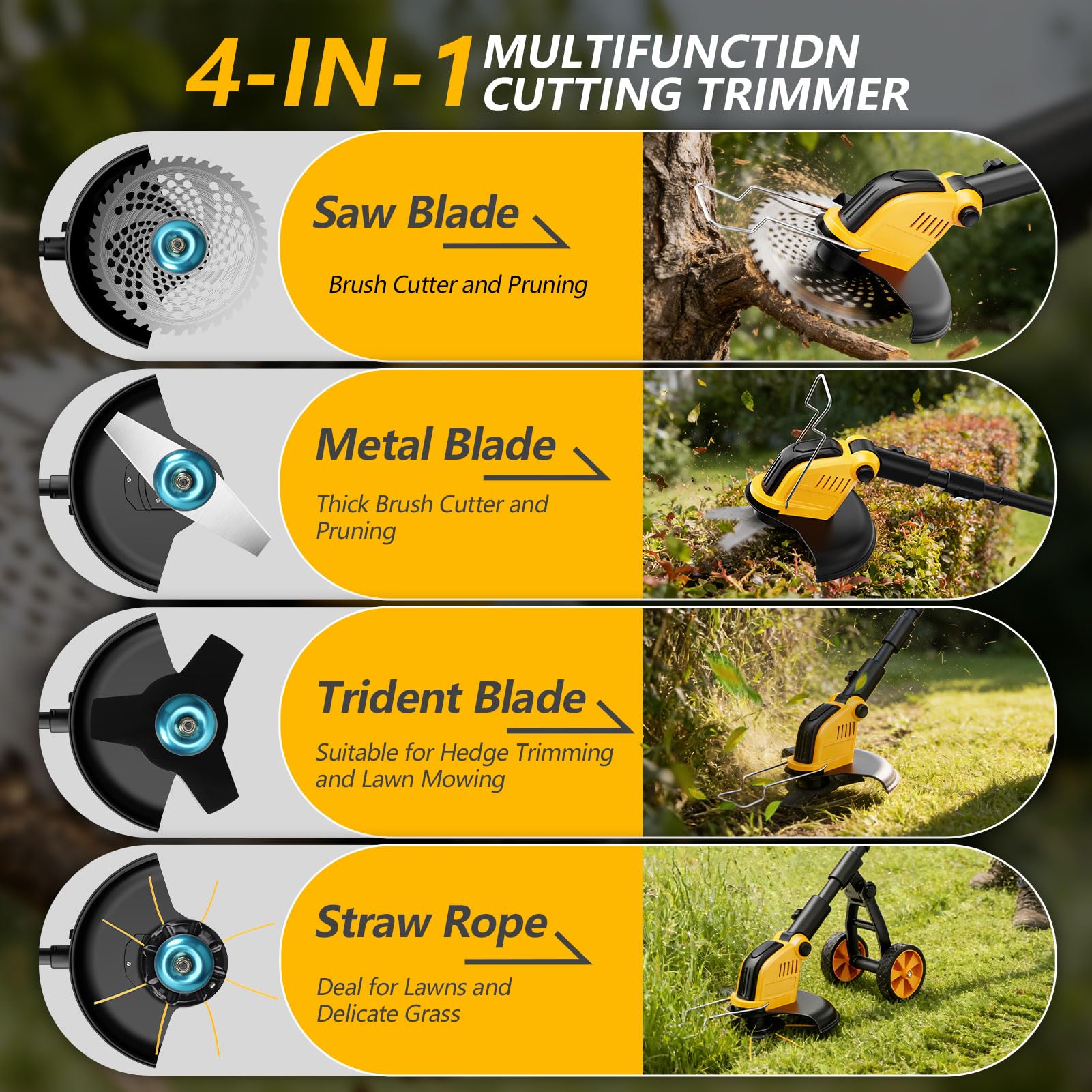Débroussailleuses Electrique sans Fil avec Roue,Akku Rasentrimmer,30CM Coupe Bordures sans Fil avec 2 * 3.0Ah Batterie et Chargeur&4 Types Lames,Moteur Brushless 800W