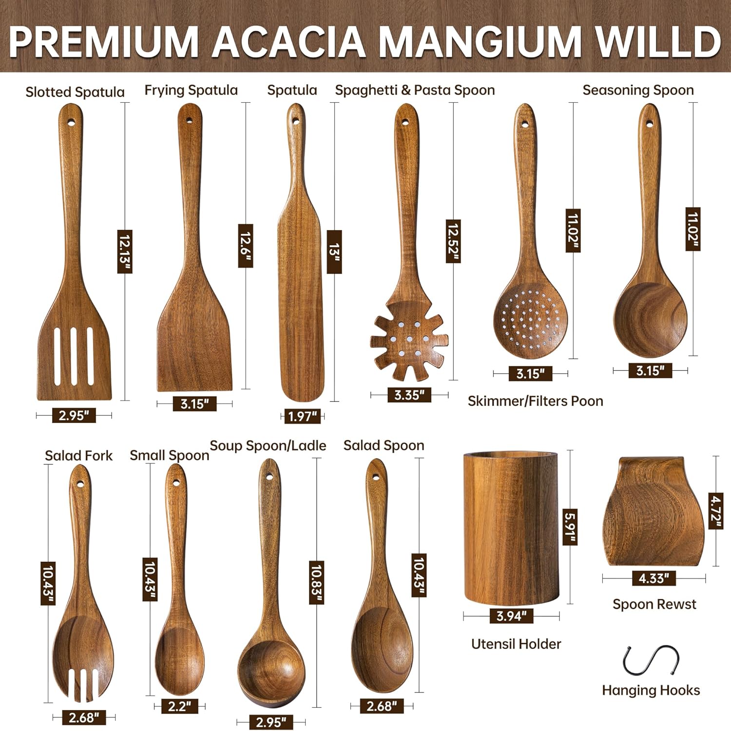 12 PCS Acacia Wooden Spoons for Cooking - Heat-Resistant, Comfort Grip,Easy to Clean, Non-stick Friendly - Kitchen Utensil Set with Holder, Spoon Rest & 6 Hooks, Ideal for Gifting - Image 8