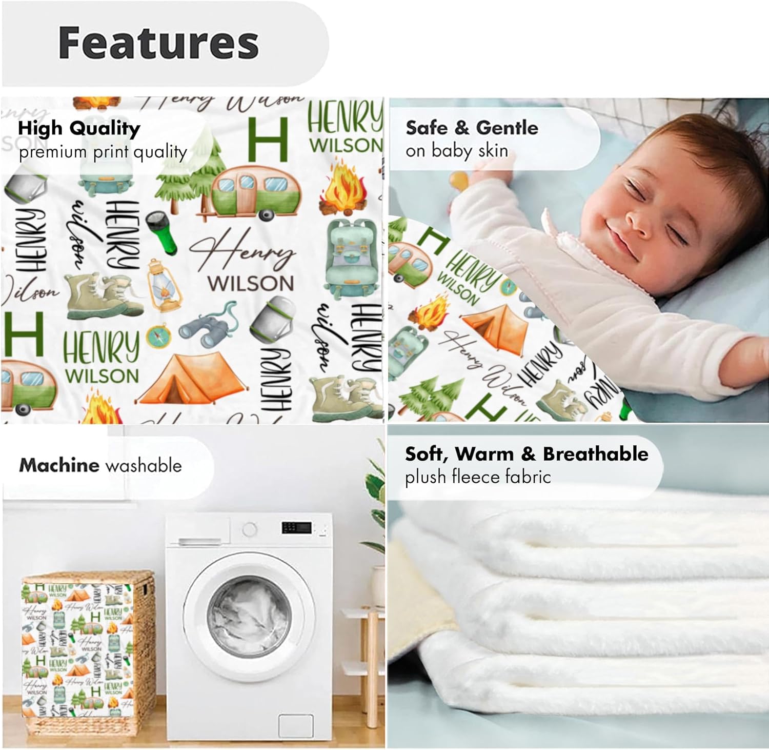 Personalized Camping Baby Blanket, Custom Name, Outdoor Adventure Nursery Swaddle, Cozy Campfire Fleece, Forest Hiking Infant Wrap, Newborn Wilderness Snuggle, Rustic