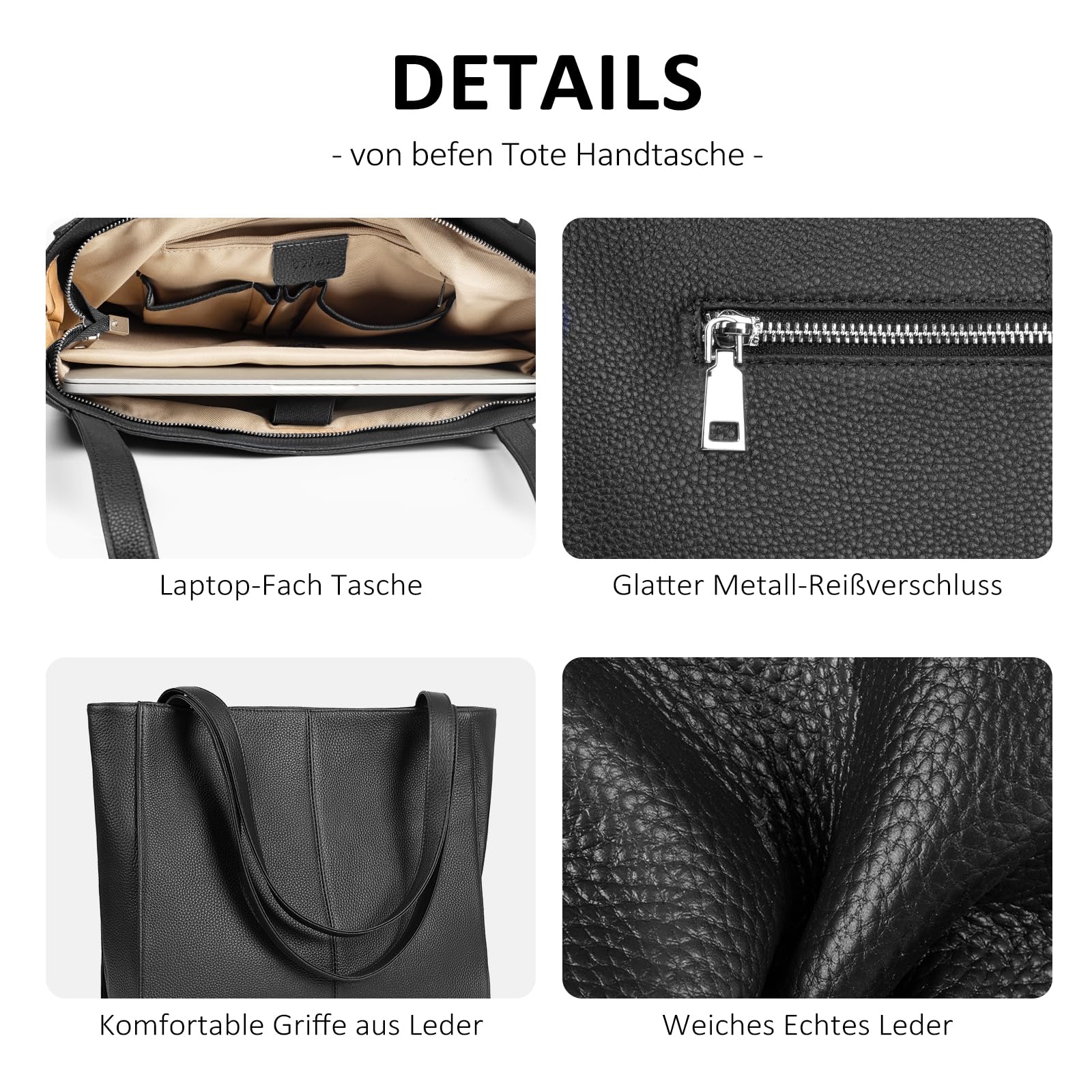 befen Echtleder Handtasche Damen Groß Shopper Tasche mit 14 Zoll Laptopfach, Mode Leder Tote Bag Schule Arbeit Freizeit Henkeltasche mit Reißverschluss