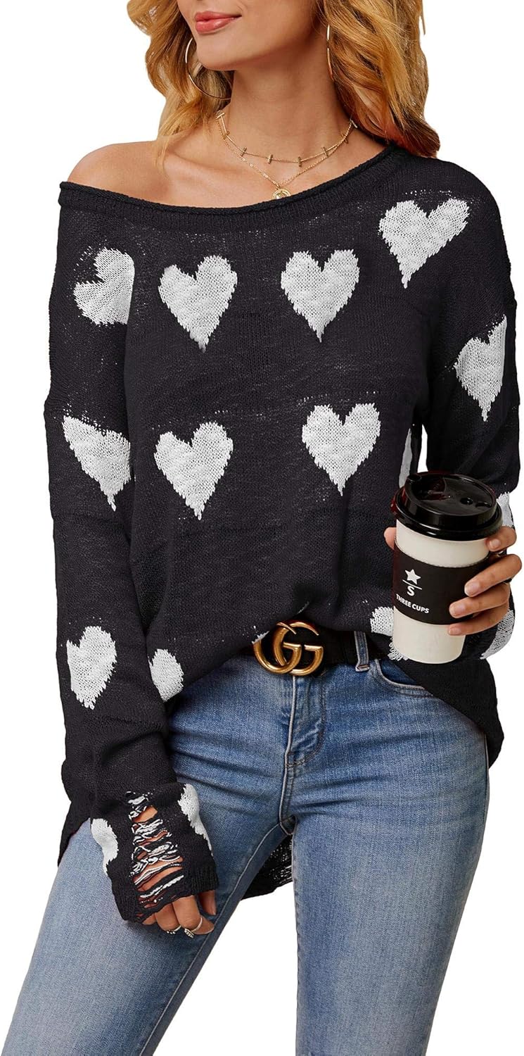 Chang Yun Women Off Shoulder Knitted Pullovers Sweater Loose Long Sleeve Hearts Printed Ripped Tops