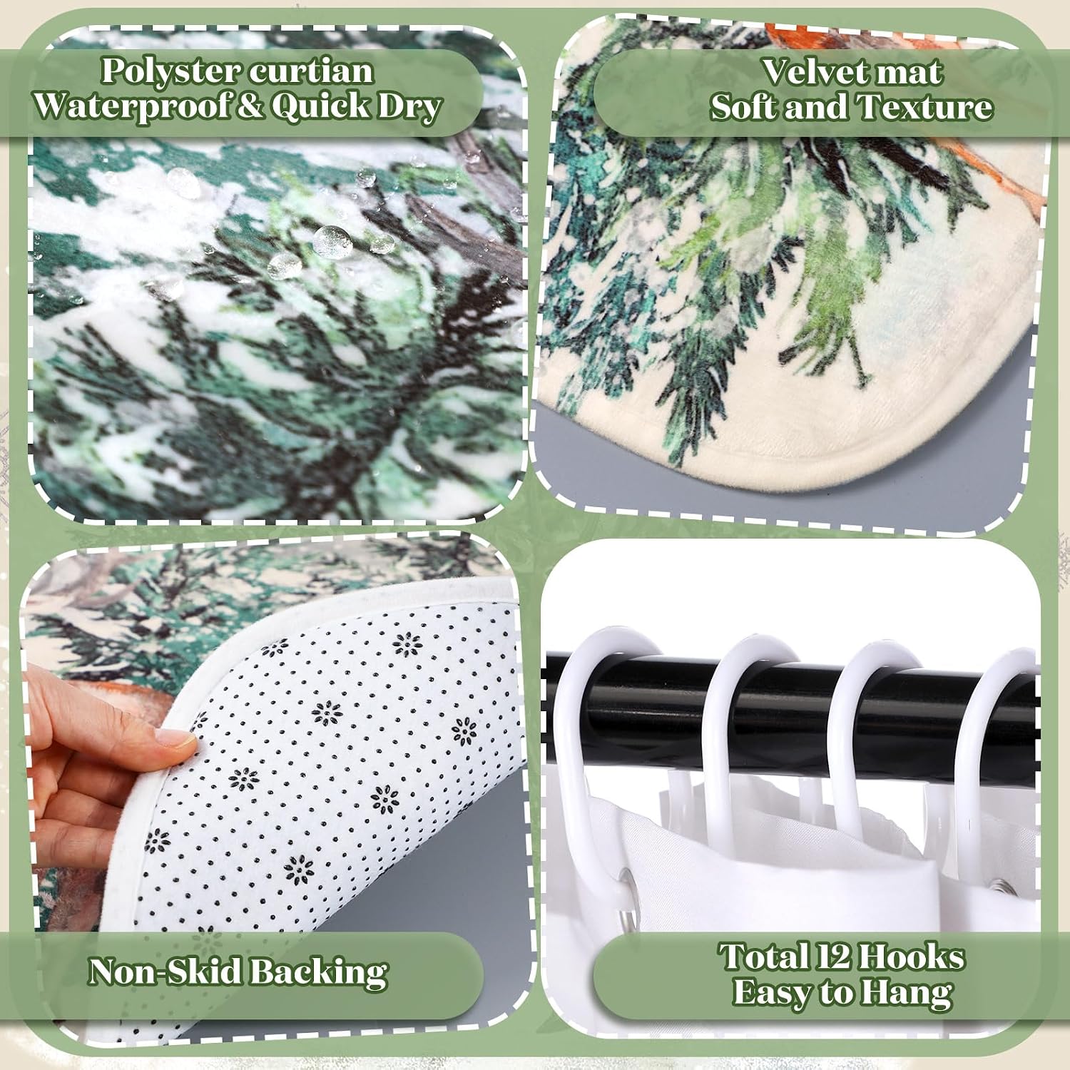 VitalCozy 8 Pcs Winter Shower Curtain Set for Bathroom Winter Farmhouse Vintage Shower Curtain with Rug Toilet Mat Lid Cover Towels and Hook for Christmas Bathroom Accessories