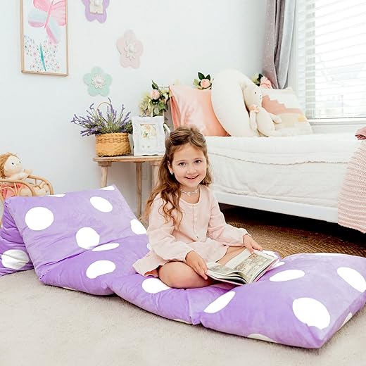 Butterfly Craze Floor Pillow Case, Mattress Bed Lounger Cover, Polka Purple, Queen, Cozy Seating Solution for Kids & Adults, Recliner Cushion, for Reading, TV Time, Sleepovers, & Toddler Nap Mat