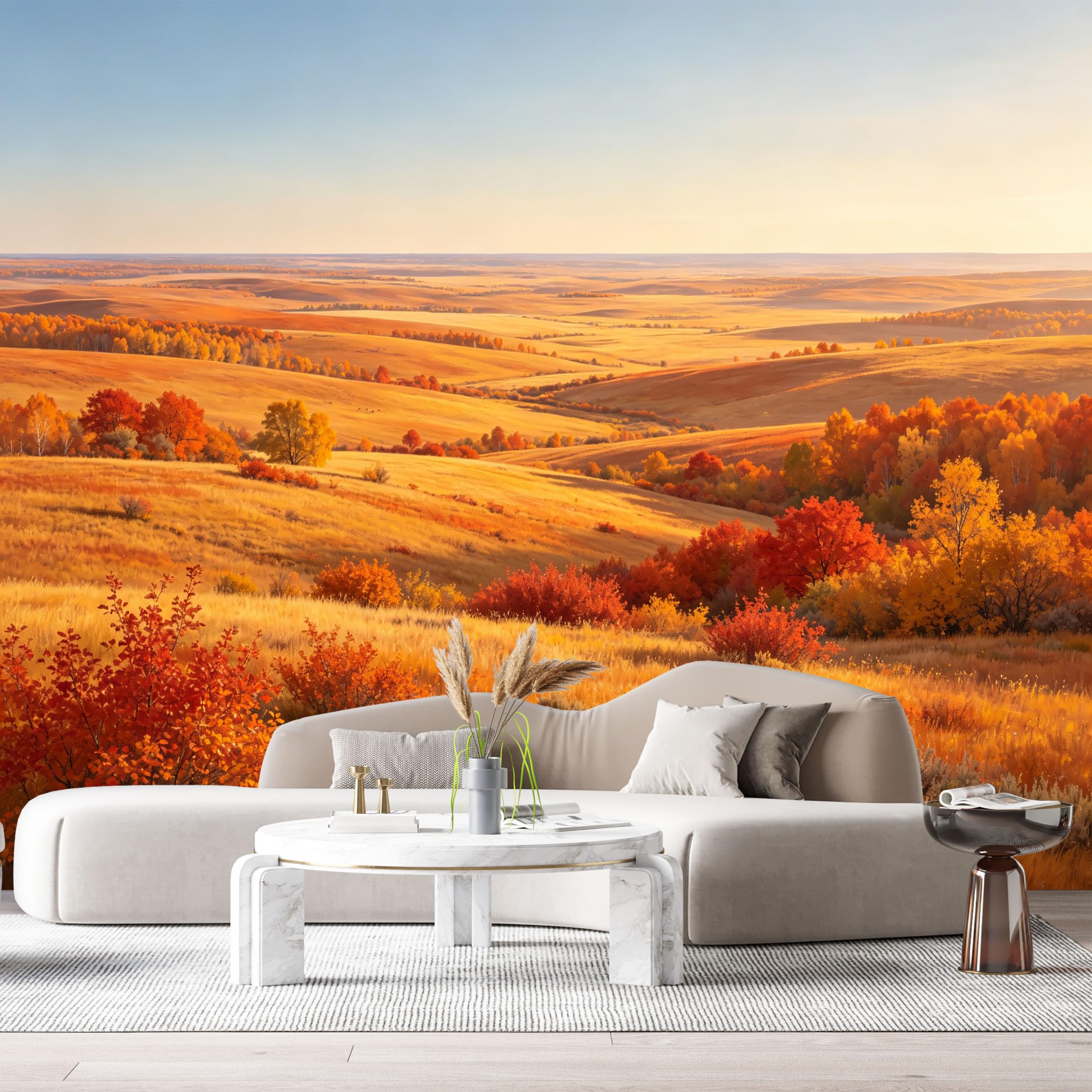 Custom Size Wall Murals Autumn Fields Landscape Golden Trees Sunset Horizon SelfAdhesive Wall Fabric Removable Large Wallpaper for Photo Living Room