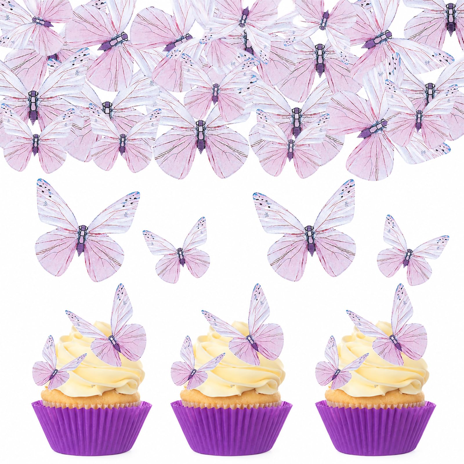 ALLAVA 48 Edible Butterfly Cake Decorations, Purple Wafer Paper Cake Topper — image 1
