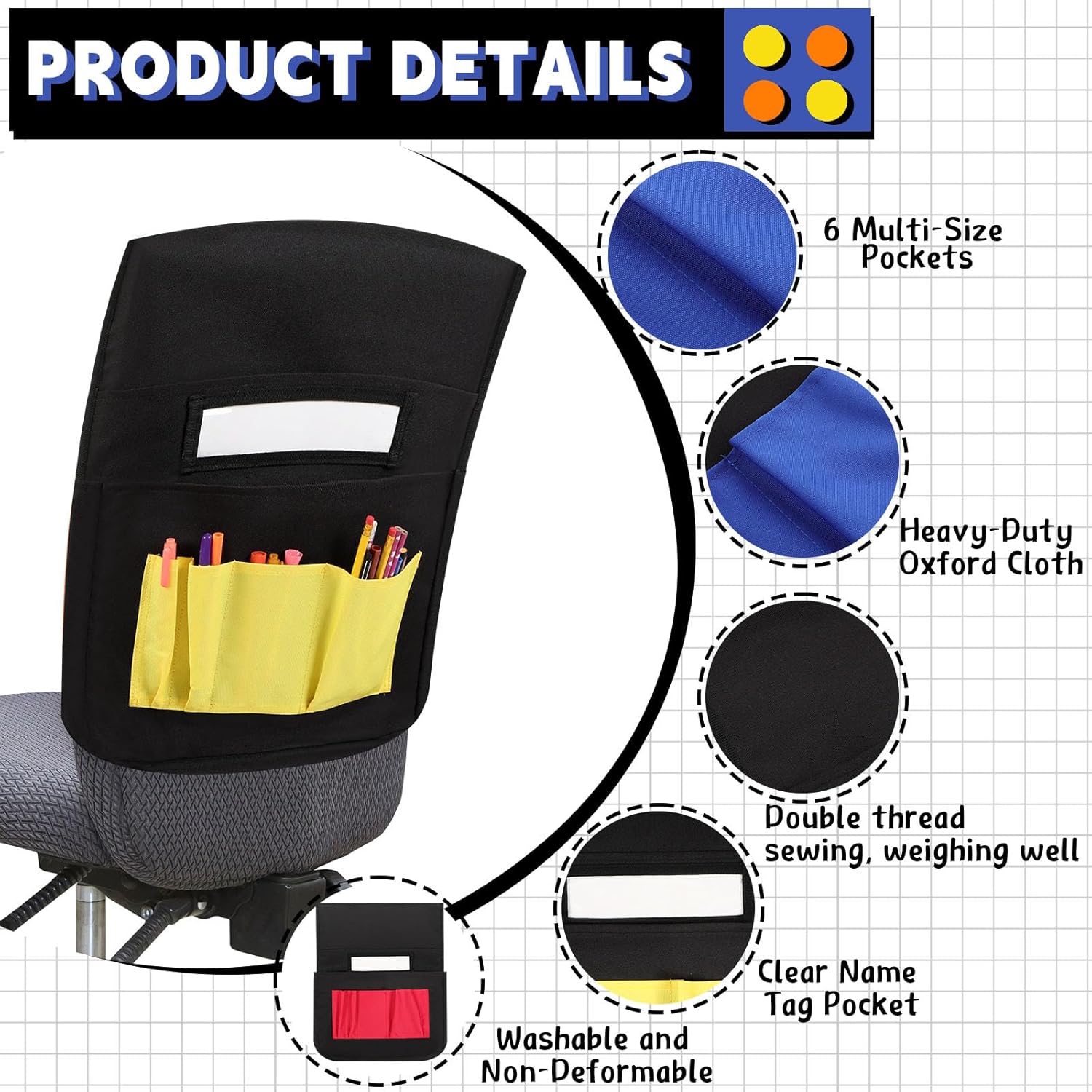 36 Pcs Classroom Chair Pockets 19 x 15.5'' Chairback Pocket with 6 Pockets and Name Tag Holder Back Seat Pockets with double thread sewing for School Seat Chair Storage Organizer(Stylish Color)