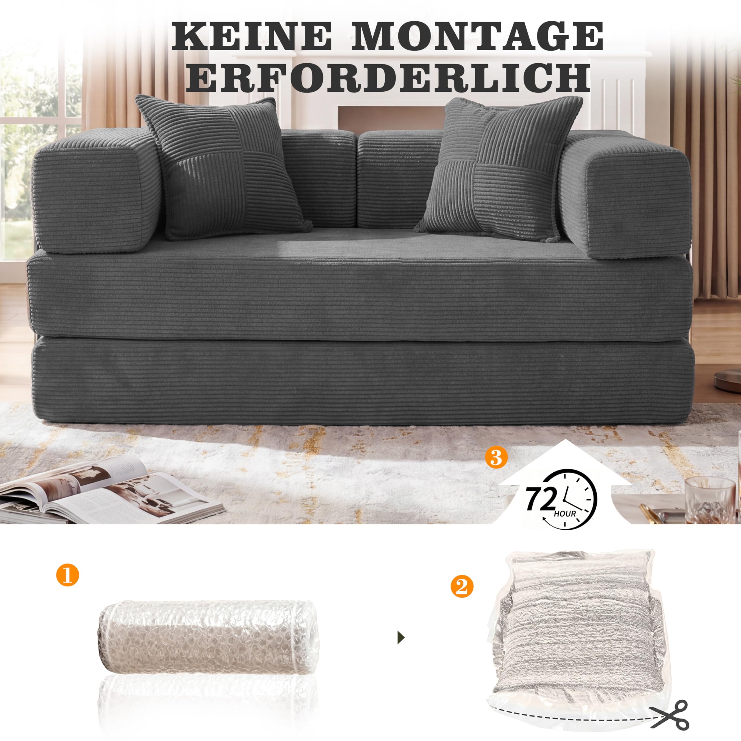 Vipbear Divano letto velluto a coste 160×90×70 cm, divano a pavimento trasformabile 5-in-1, schiuma ad alta densità, pet-friendly ed ergonomico, senza montaggio, Grigio