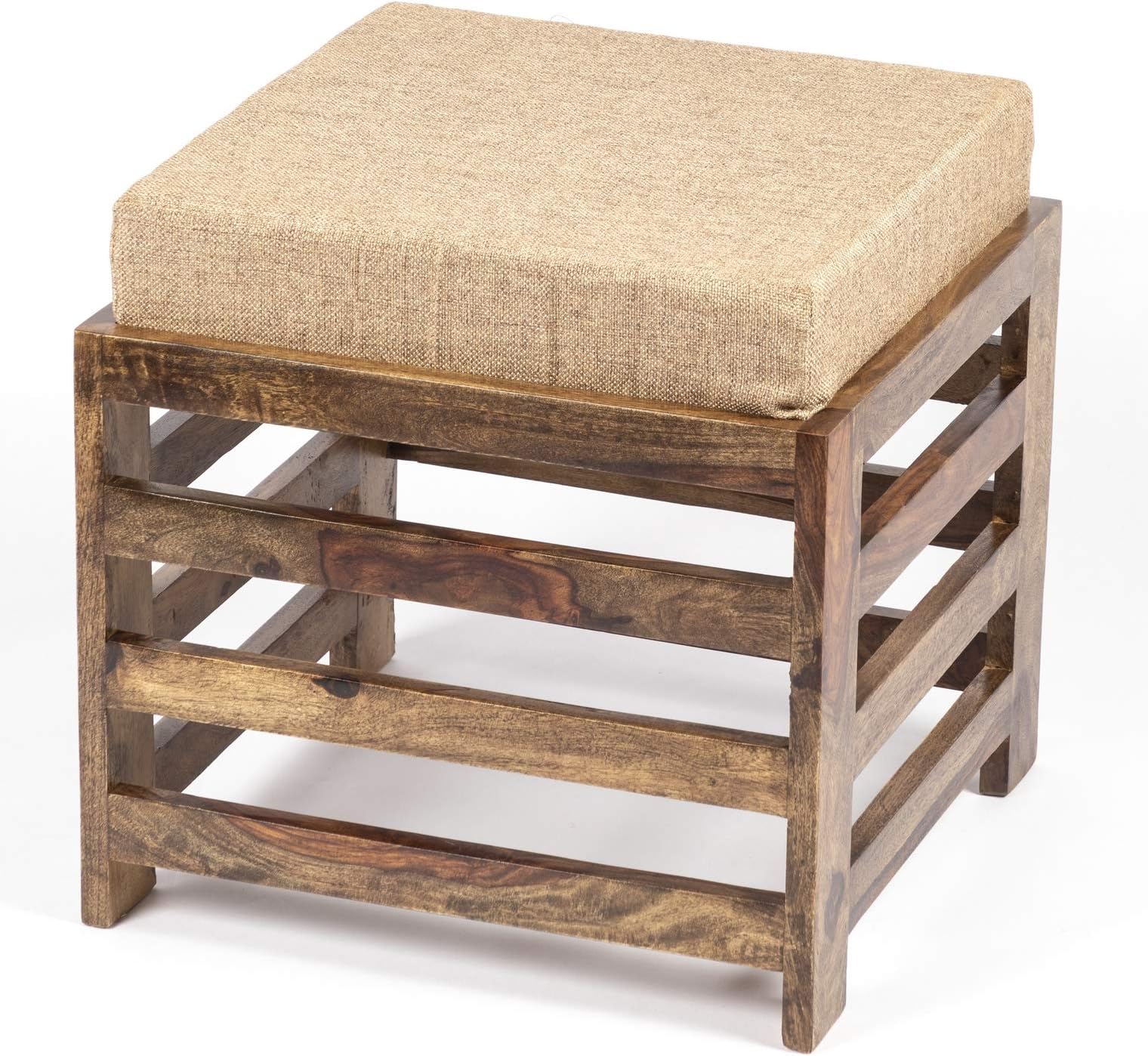 Ikiriya 100% Solid Sheesham Wood Stool with Cushion - Teak Finish ; Beige Jute