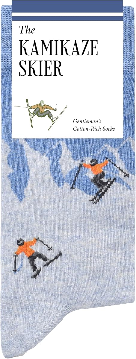 The Kamikaze Skier Socks - Funny Ski Men's Socks - Fun Skiing Gifts for Men | 1 x Pair, Size 8-13, Blue & Grey, Premium Cotton Blend - Gifts for Ski Lovers, Snowboarders & Winter Fans - The Athletic Gent