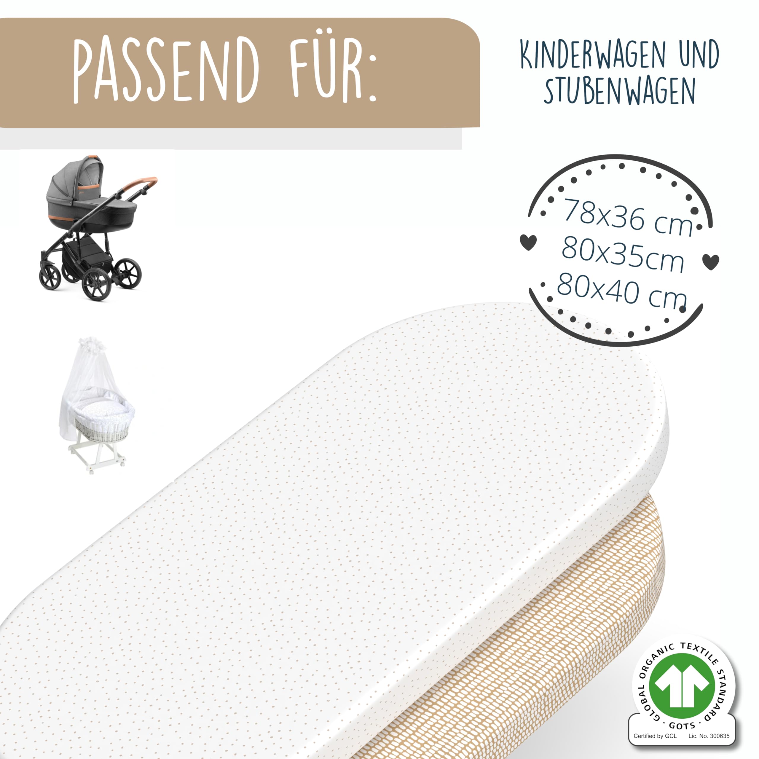 mimaDu - 2er Set Spannbettlaken GOTS 100% Bio-Baumwolle 80x40 cm auch für 78x36, 80x35 - Baby Spannbetttuch Bezug für Kinderwagen, Stubenwagen, Moseskorb - Matratzenbezug oval Kinderwagenmatratze