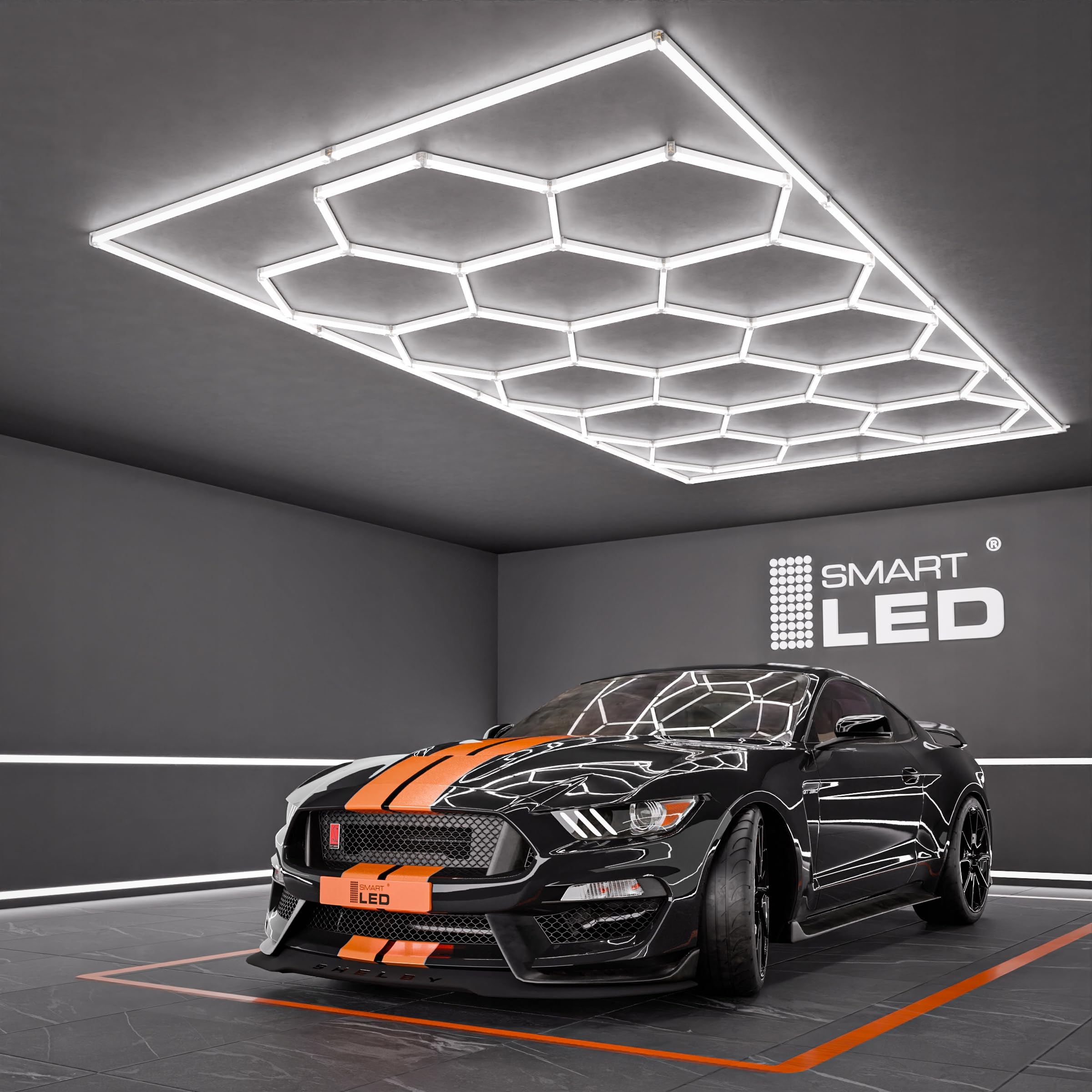 Garagenlampe Hexagon LED 484x243 cm – 15er Set Werkstattbeleuchtung 696W 6500K Kaltweiß – 115LM/W – IP54 – Flimmerfrei – CRI>90 – LED Panel Lichtsystem für Garage, Studio, Detailing, Büro