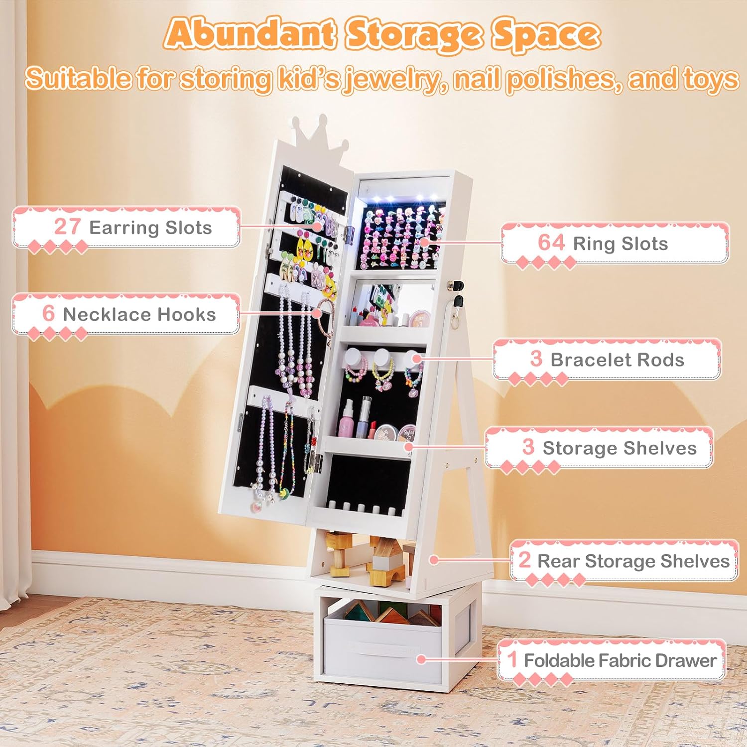 HONEY JOY Kids Swivel Jewelry Cabinet with LED Lights, Crown Theme Standing Jewelry Armoire w/Full-Length Mirror & Makeup Mirror, Lockable Princess Jewelry Organizer Storage for Toddler Girls(White)