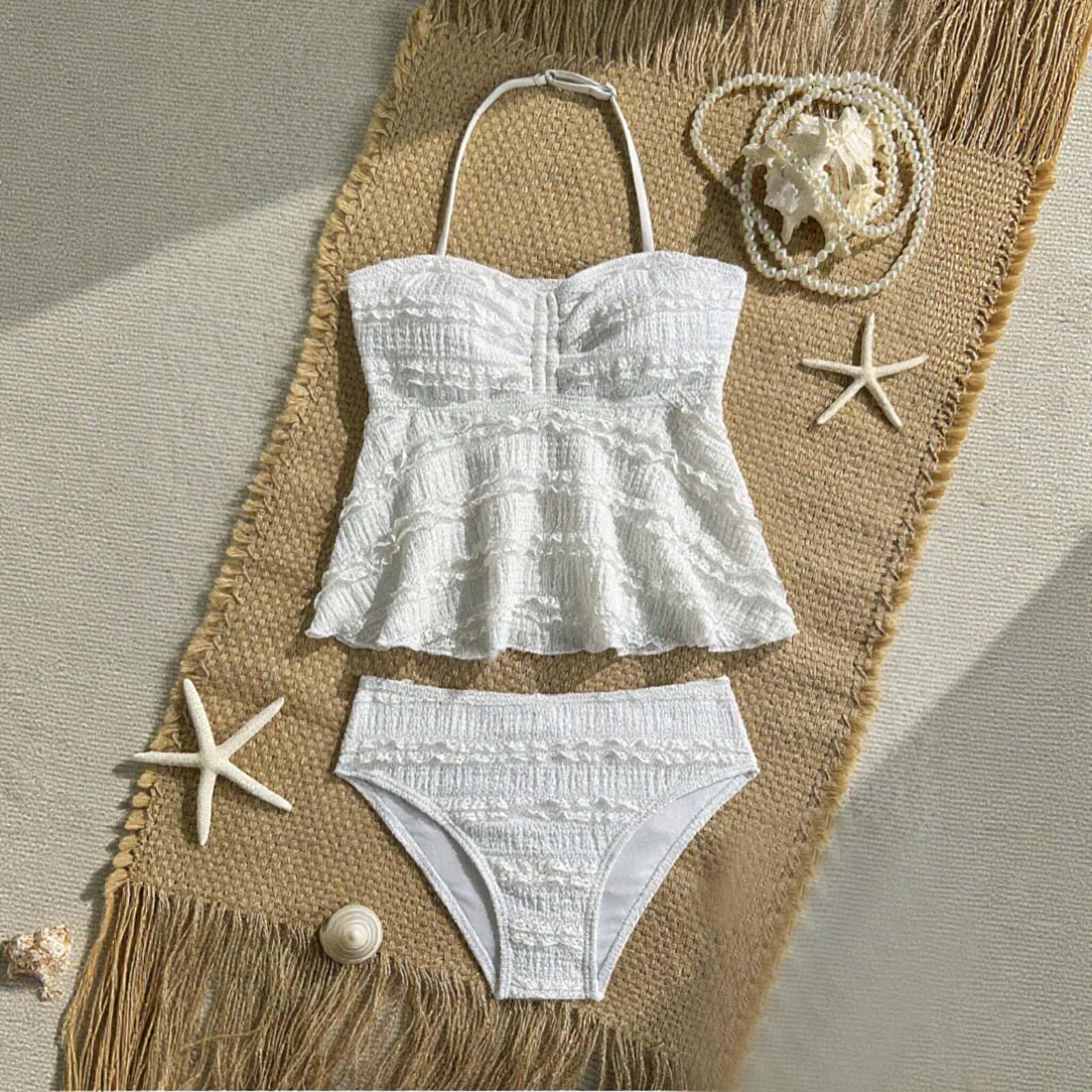 Costume da bagno estivo per bambini, ad alta elasticità, a costine, testurizzato, tankini, due pezzi, costume da bagno per bambini da 7 a 14 anni, spiaggia