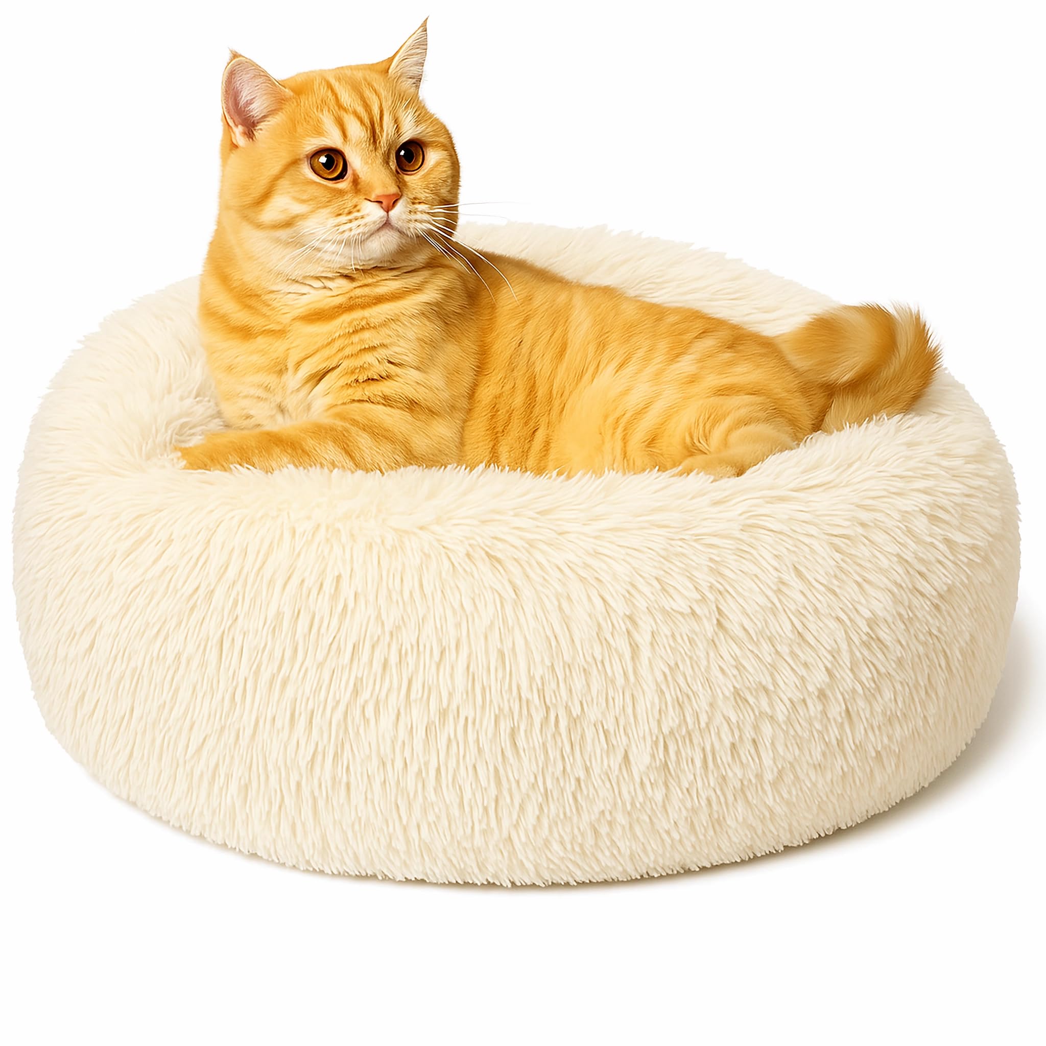 SEOUGEE Calming Donut Cat Bed, Fluffy Plush Round Dog Bed, Cosy Soft Washable Cushion Warming Pet Beds with Non-Slip Bottom, Indoor Sleeping Cuddler Nest for Cats Puppy Kitten (Cream 40cm)