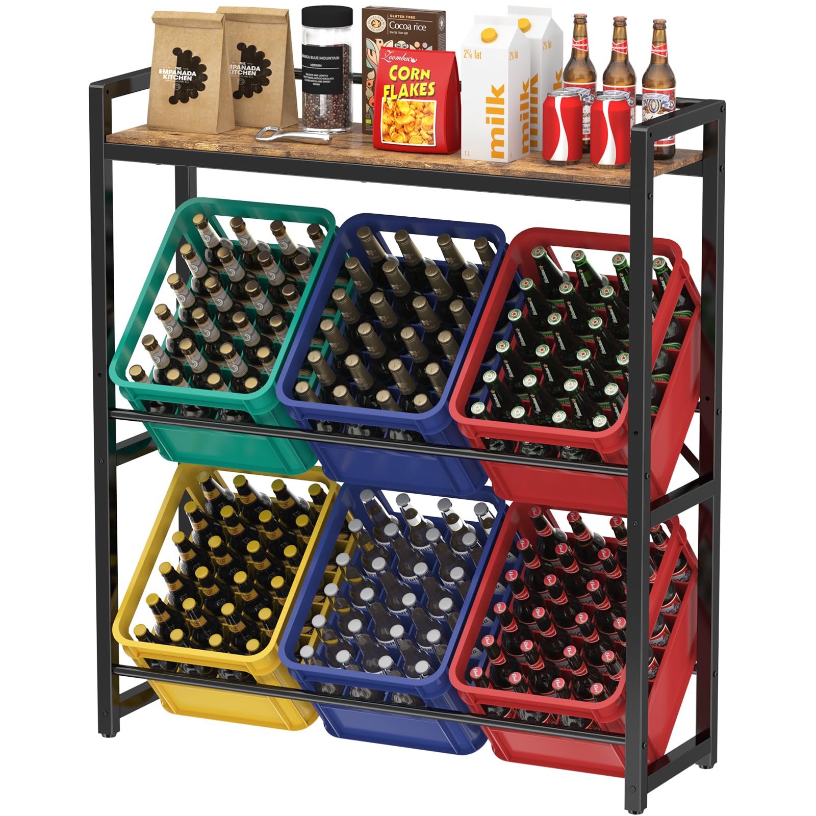 Lifewit Getränkekistenregal mit Ablage für 6 Kisten, Kistenregal Metall trag. 340 kg, 32D x 104W x 117,3H cm Freistehend Kistenständer Getränkeregal Wasserkistenregal Bierkistenregal, Rustikales Braun
