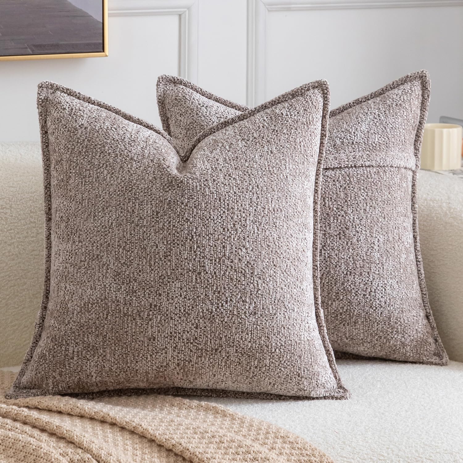 Madizz Pack of 2 Decorative Cushion Covers Boho Soft Textured Chenille Throw Pillows Solid Pillow Covers for Couch Sofa Bedroom Living Room 40x40 CM, Taupe