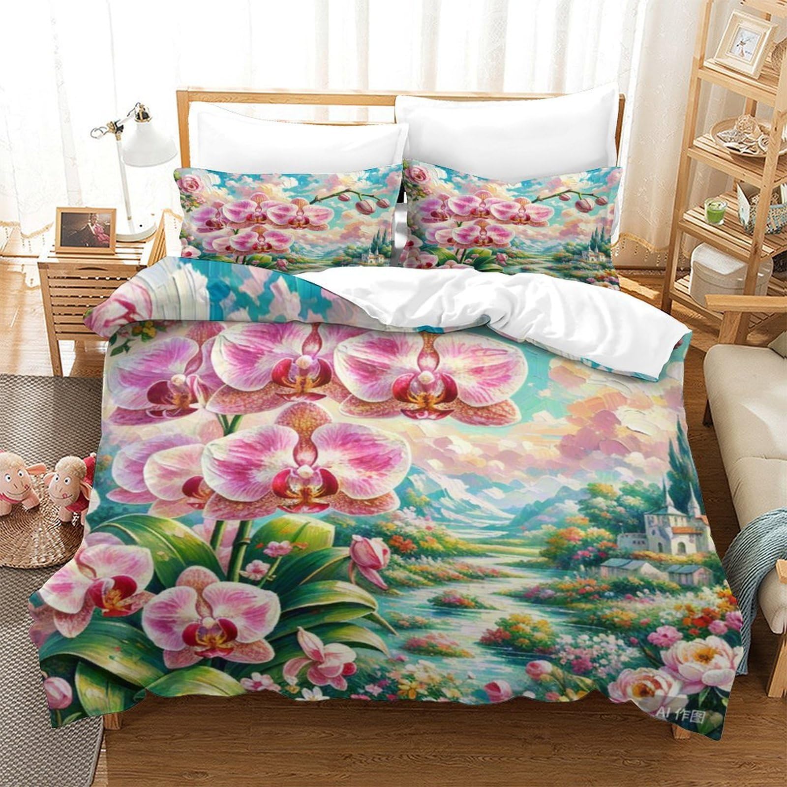 Housse de couette orchidée 3D 260x220 parure lit microfbre