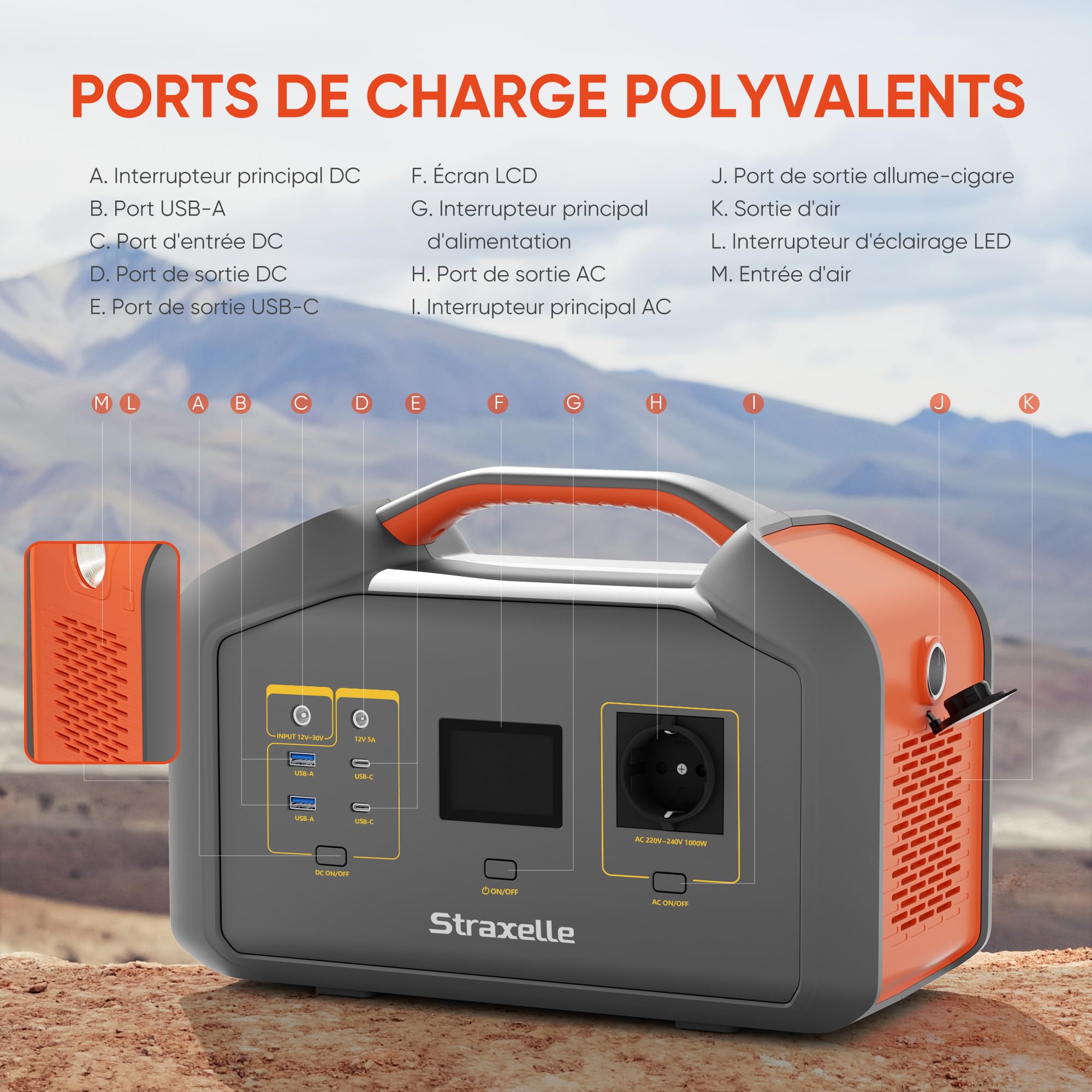 Generateur Électrique Portable 1000W(pic 2000W) Station Électrique Portable Solaire 808.08Wh Power Station avec écran LCD/Portes USB-A/C pour Extérieur,Garage,Voyage,Camping,Jardin,Urgence